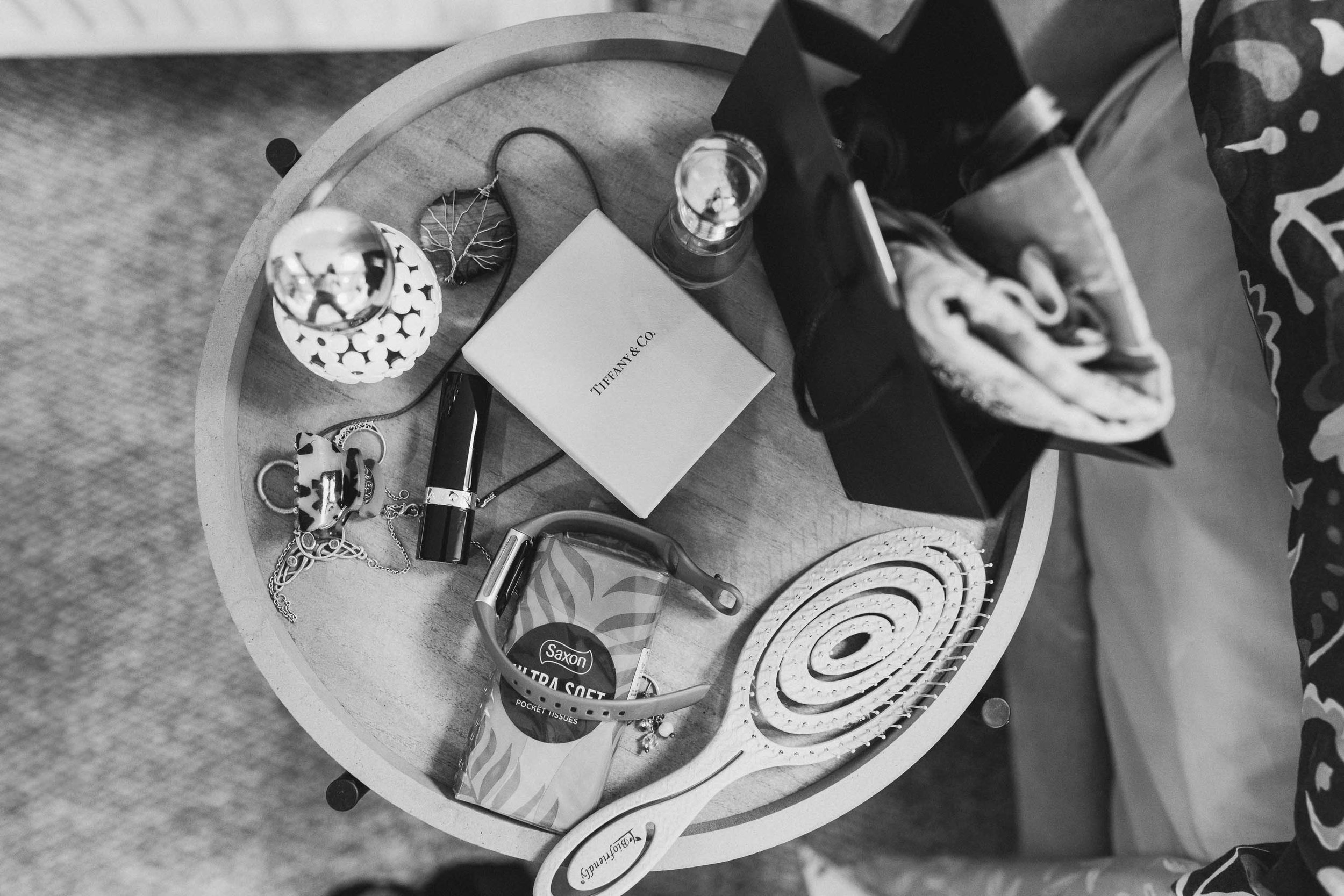  Bridal party details on a table. 