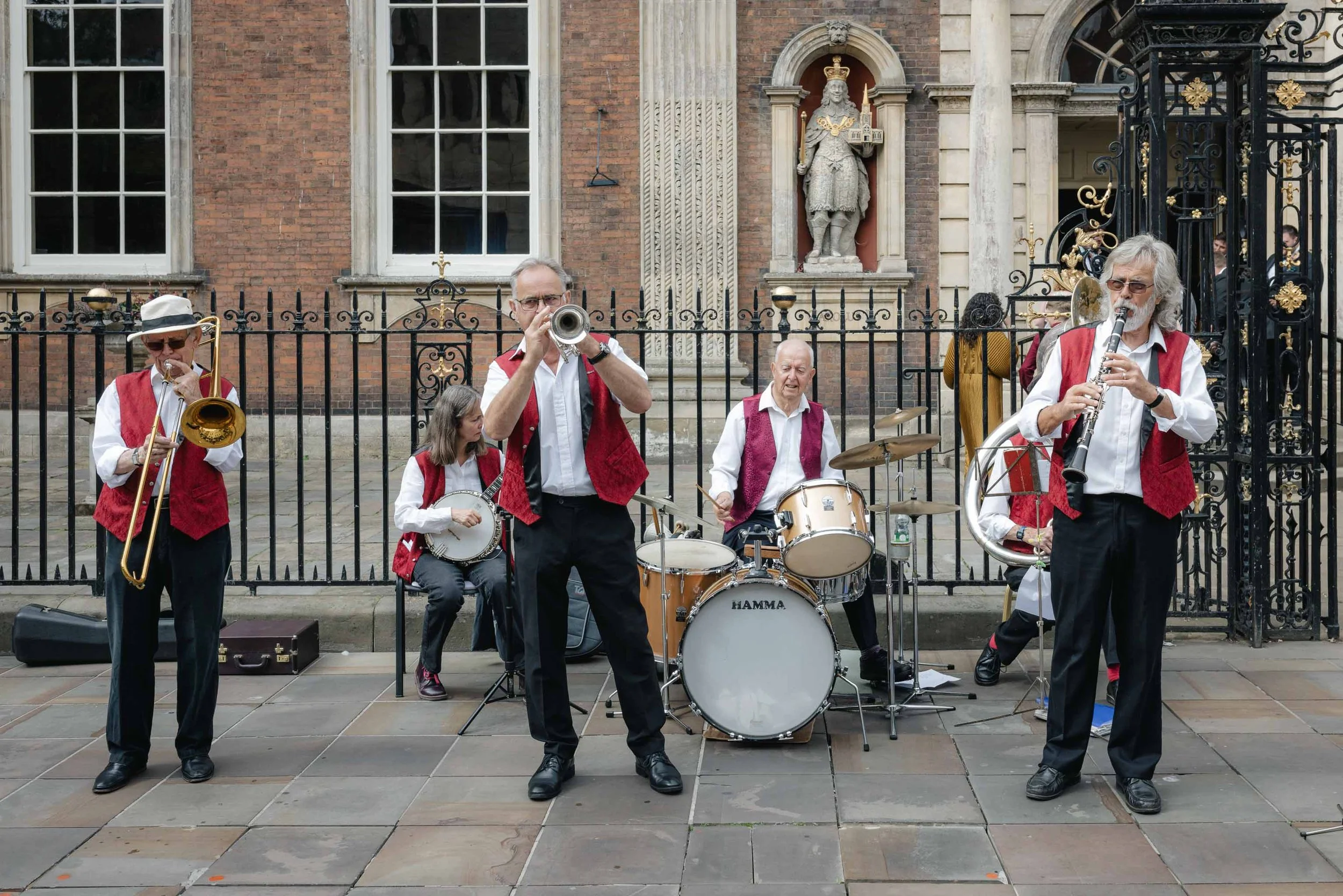  Band playing outside Worcester Guildhall on a wedding day. 