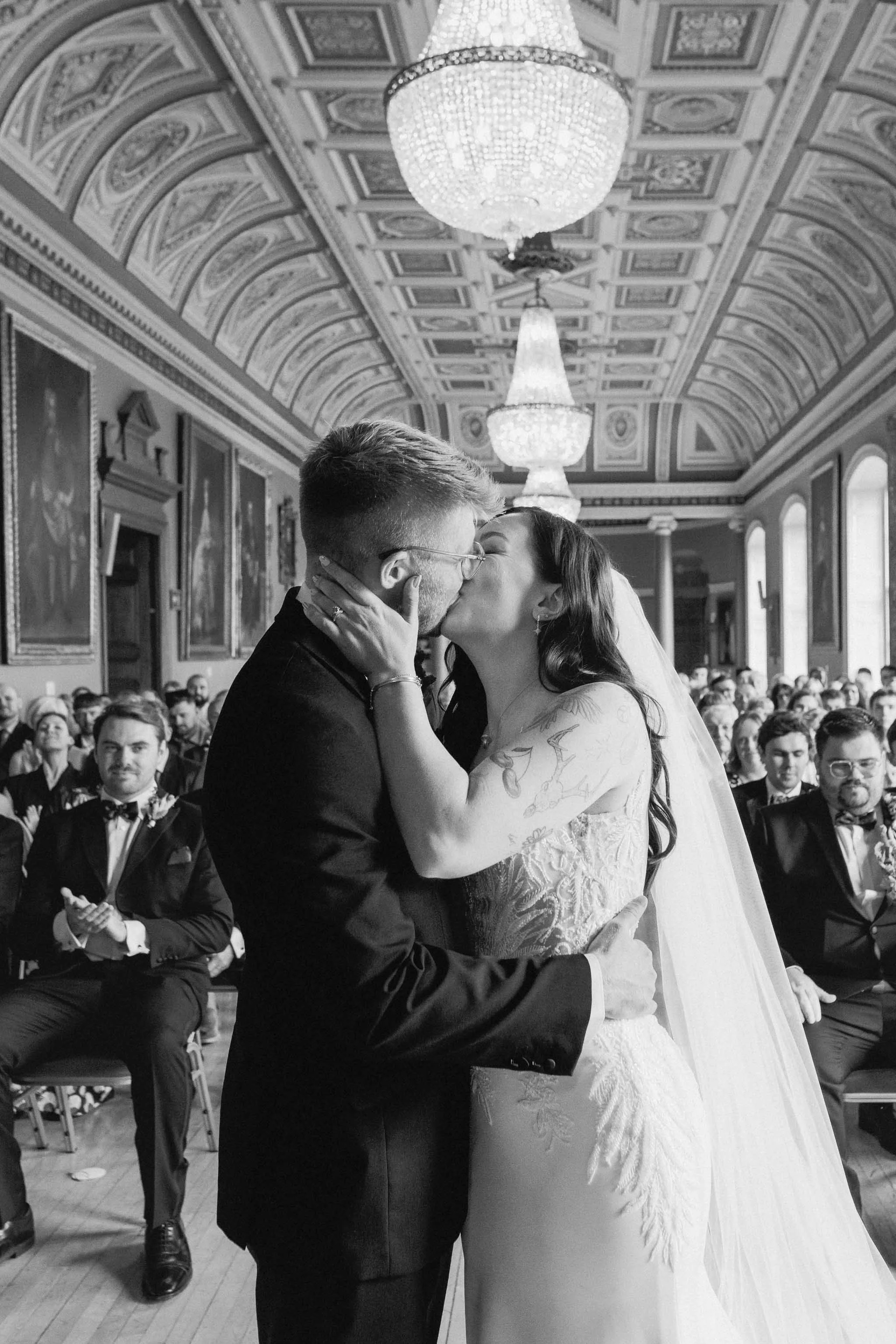  Bride and groom’s first kiss at Worcester Guildhall wedding ceremony. 