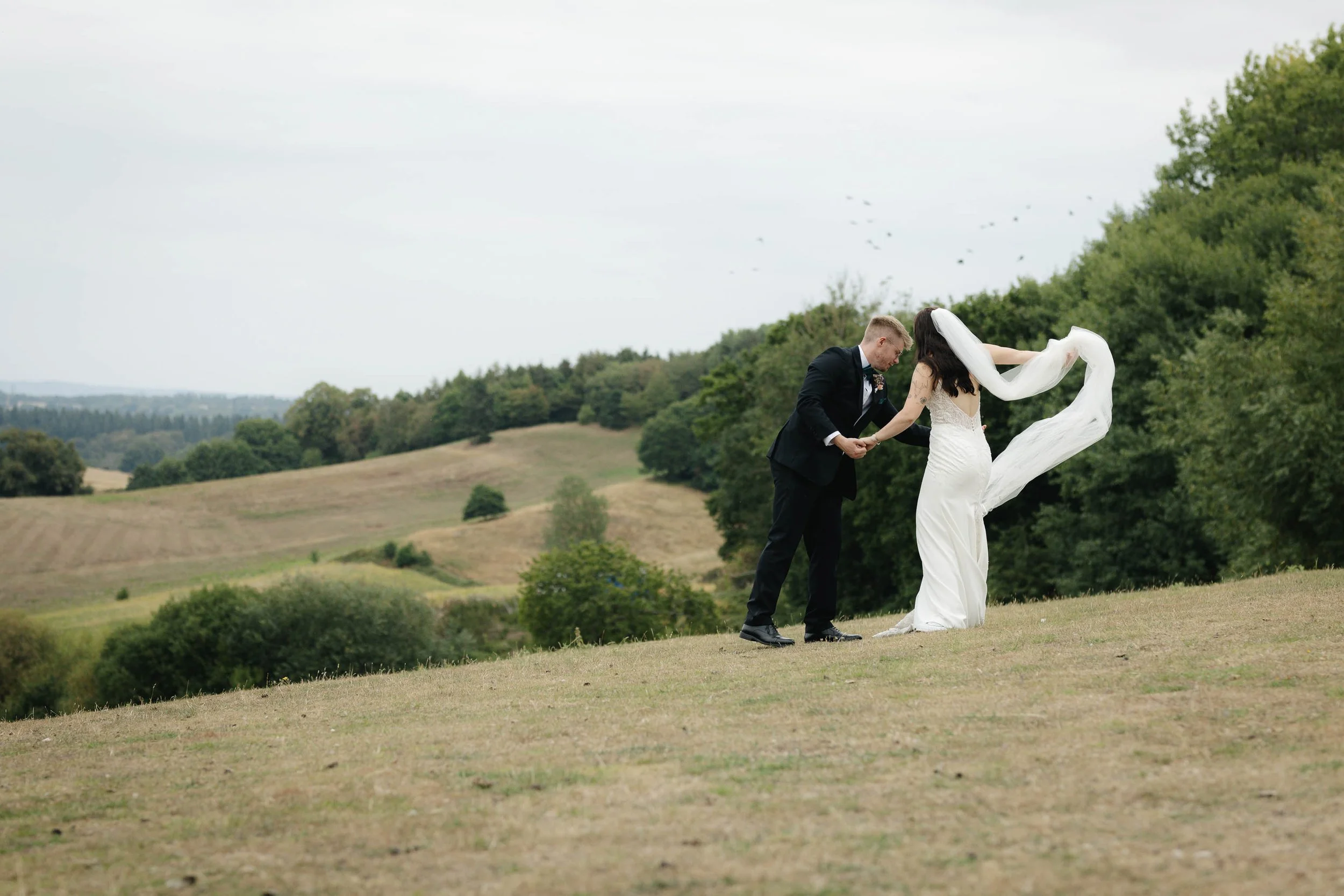  Bride and groom portrait on a field with birds at a backyard wedding reception in Worcester. 