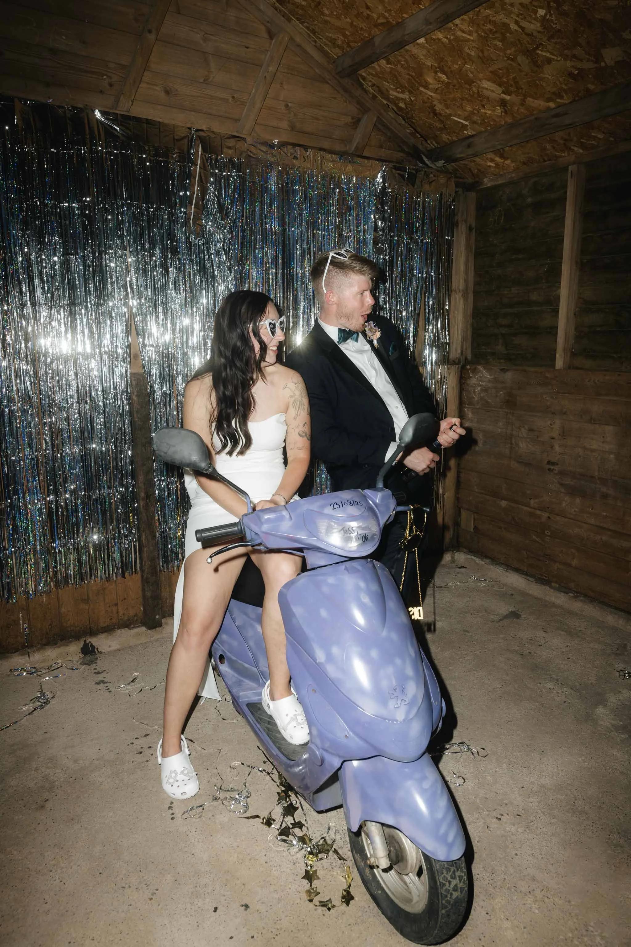  Scooter portrait of Jess + Oli at their home wedding. 