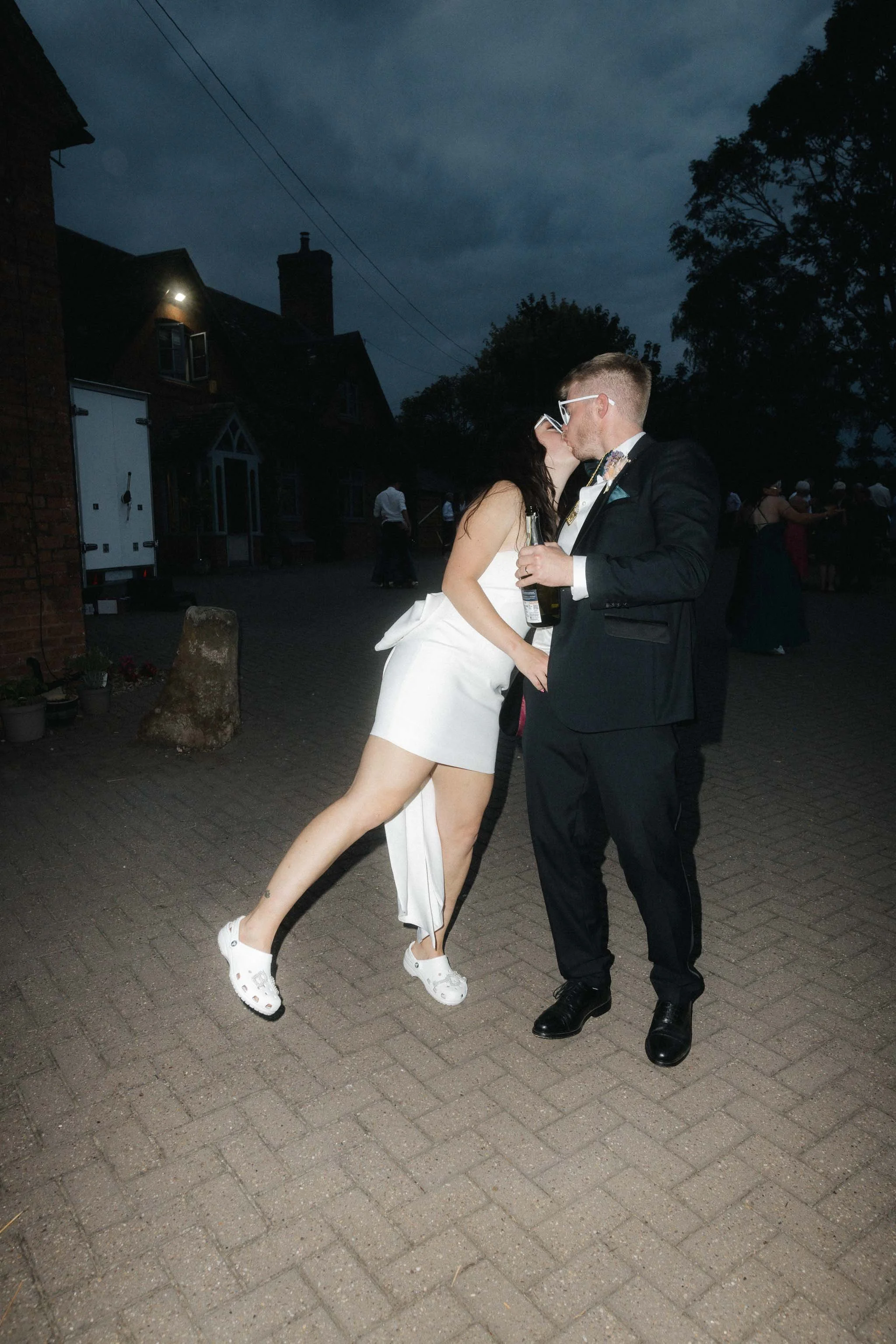 Bride and groom night-time flash portrait at their Worcester marquee wedding.   