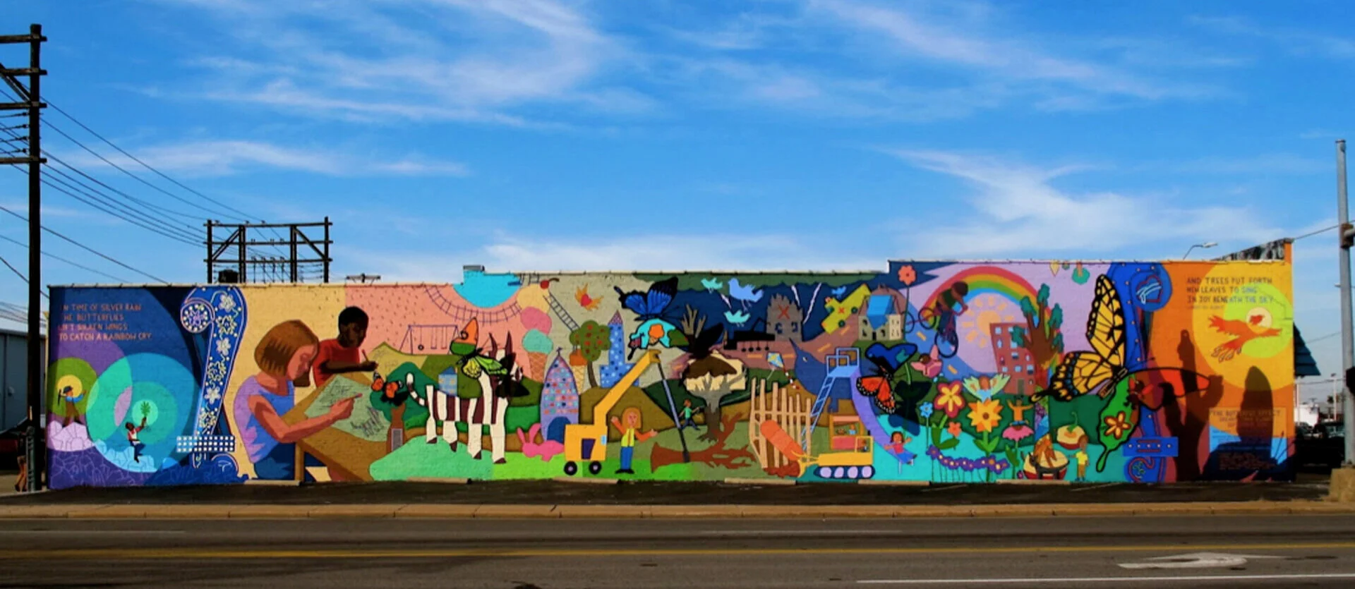 Butterfly Affect: Dreams Take FlightLead Artist: David Loewenstein, Assistant Muralist: Amber Hansen, Mural Apprentice: Kyle McKenzie30’ x 120’, Located on the Northwest Corner of 15th &amp; Main Street, Joplin, MO. 2011.