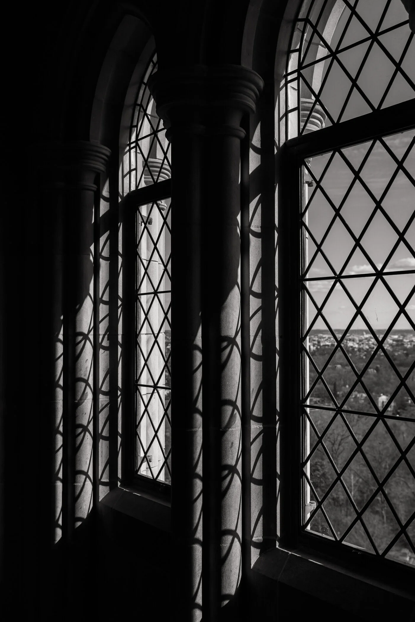 Windows of the Washington National Cathedral in black and white.