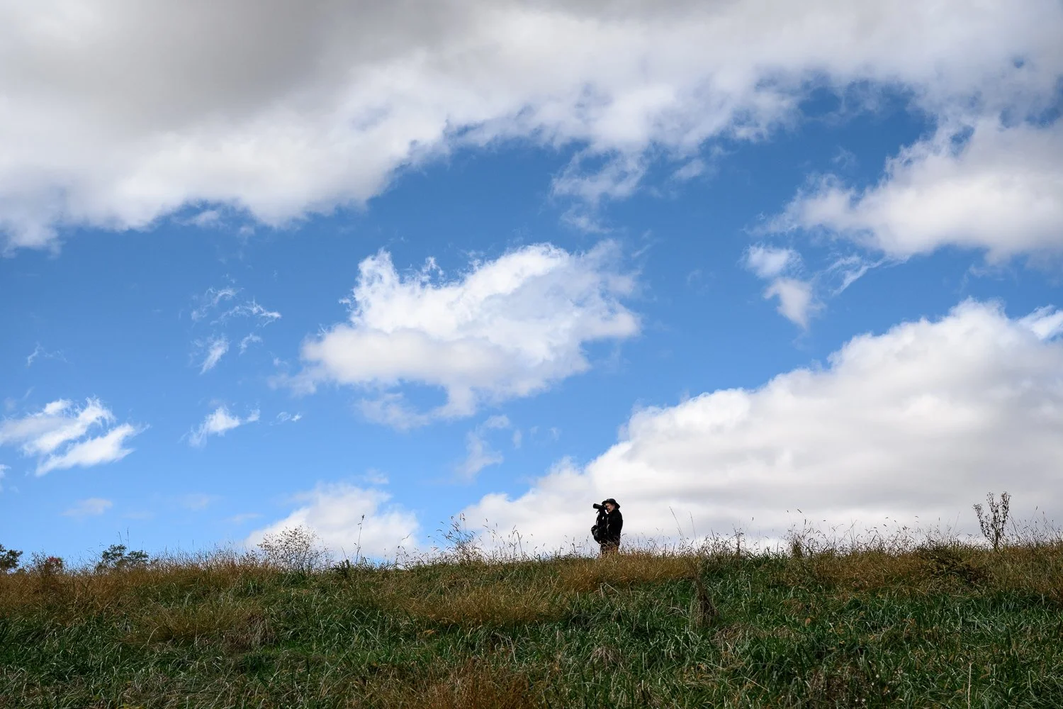Person standing on grassy hilltop, holding a camera and taking photos, against a backdrop of a blue sky with white clouds.