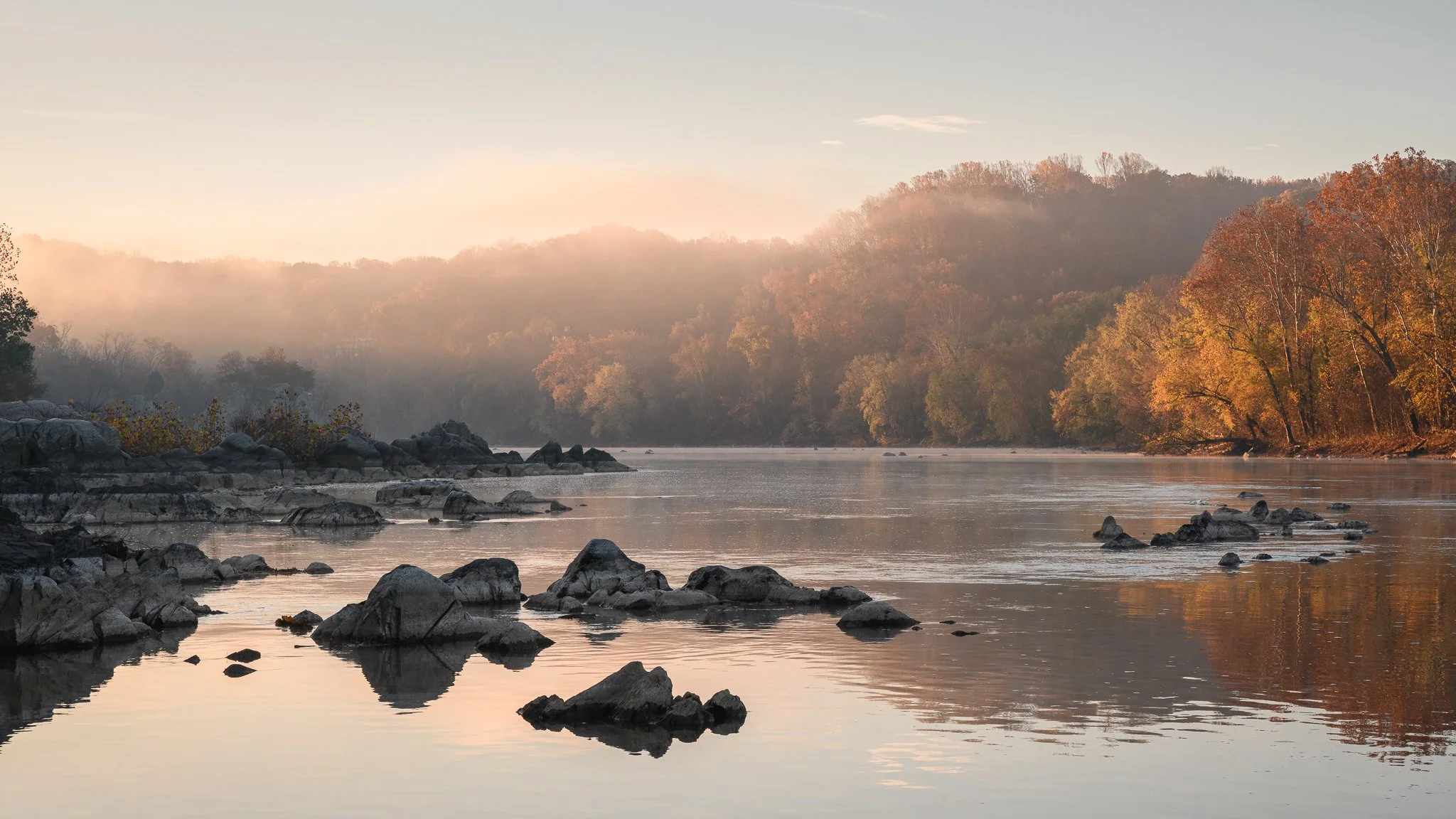 6 - Title: Autumn on the Potomac; Framed Price: $600; Image Dimensions: 15"x27"; Frame Dimensions: 22"x34"; Frame Style: Walnut, Wood, Gallery style