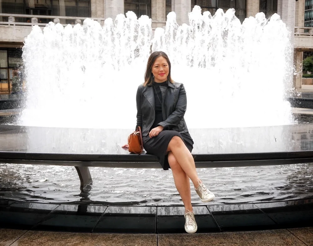 Jacket: Eileen Fisher // Dress: Amour Vert // Purse: Clare Vivier // Sneakers: Veja
