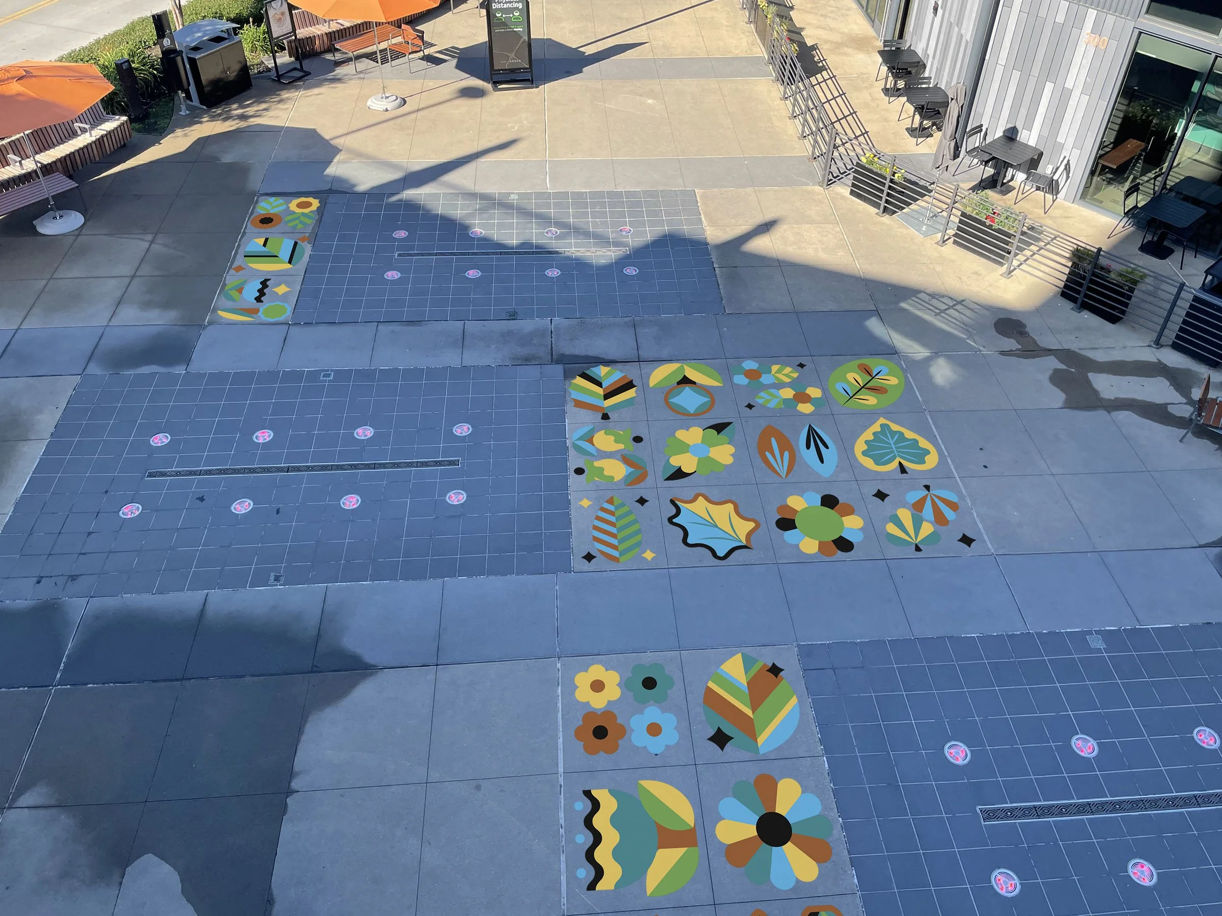 An image showing vinyl ground mural located in the splash pad within Kirkand Urban shopping complex. Mural features various botanical illustrations that are bold and colorful.
