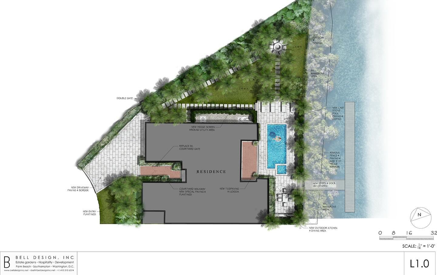 Master plan and conceptual images for a new project on the Intracoastal in Jupiter, FL.  A renovation of the existing house and garden to add functionality for a young family. A re-thought pool area will create a new outdoor kitchen and dining space 