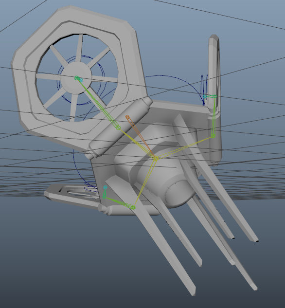 This image shows the basic animation capabilities of the rig. In this image the drone is in a position where it will launch at the player and stick into the ground.