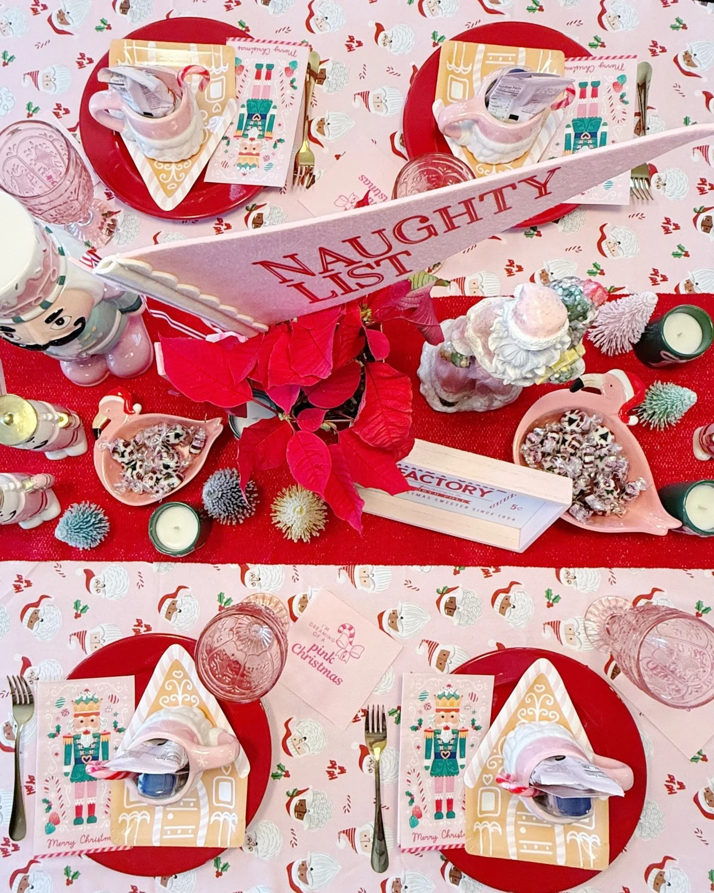 I&rsquo;m dreaming of a pink Christmas!  I love how a package of cute napkins can inspire a tablescape or even a whole party. #pinkchristmas #tablescape #smallbusiness #pinkparty #girlsnight