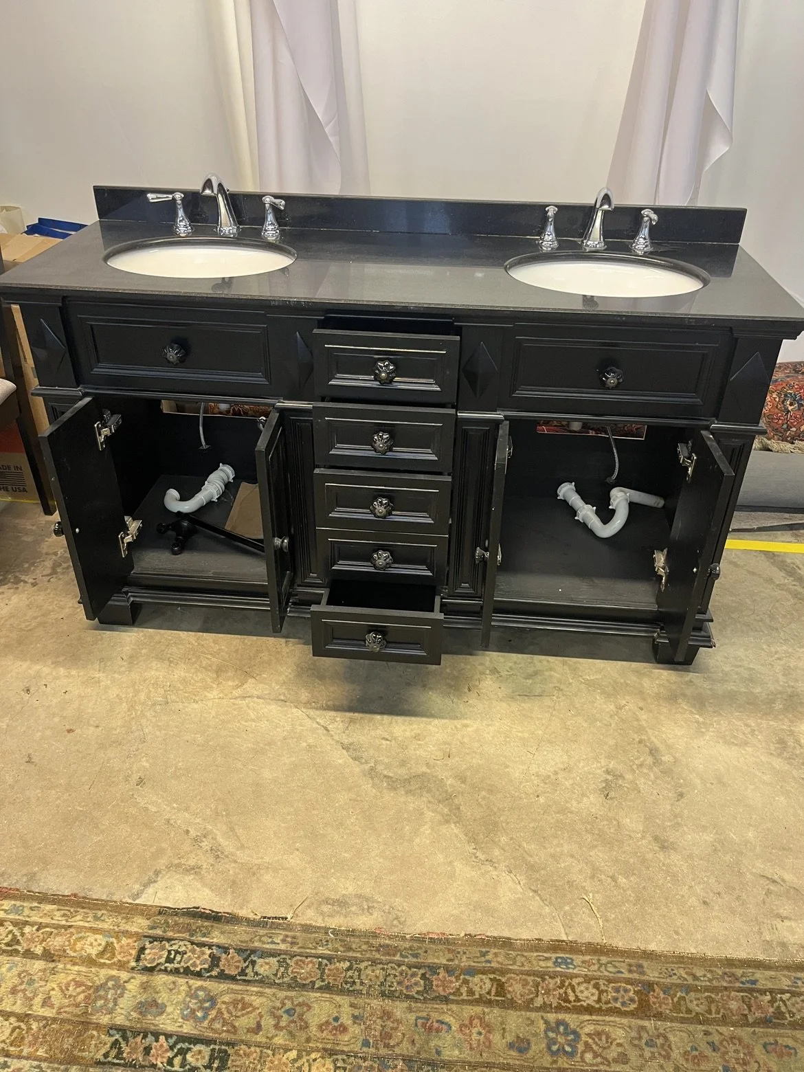 30e Double Vanity with Black Granite TopSort & Settle