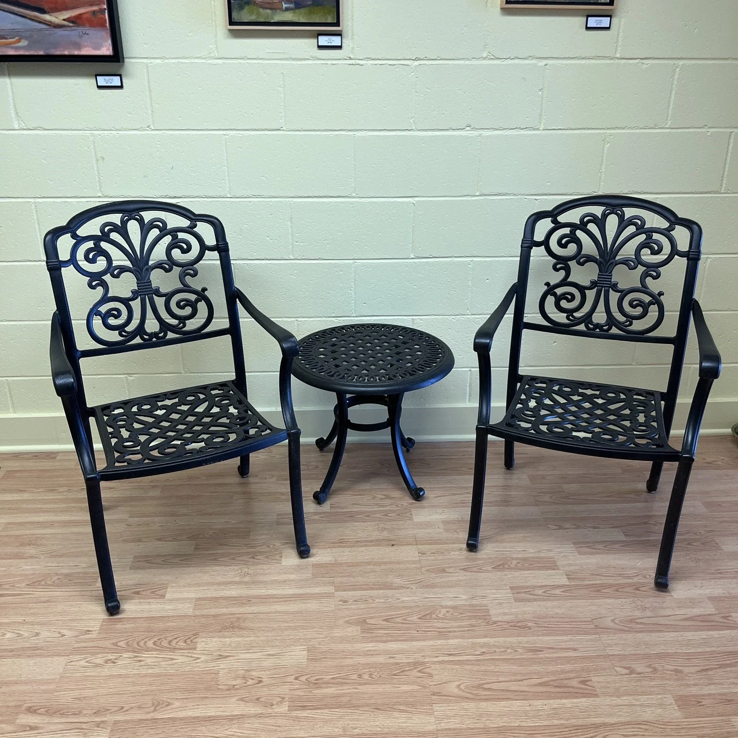 7m Grindstaff's Hanamint Cast Aluminum Chateau Tea Table w/ 2 Tuscany Dining Chairs