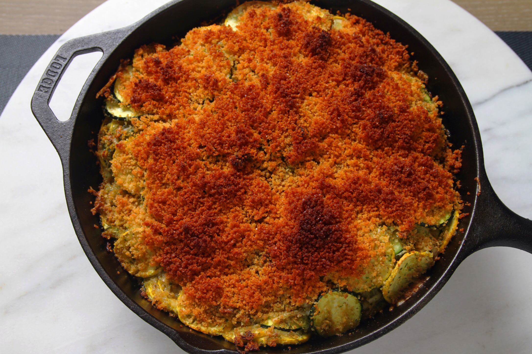 Summer squash gratin with salsa verde