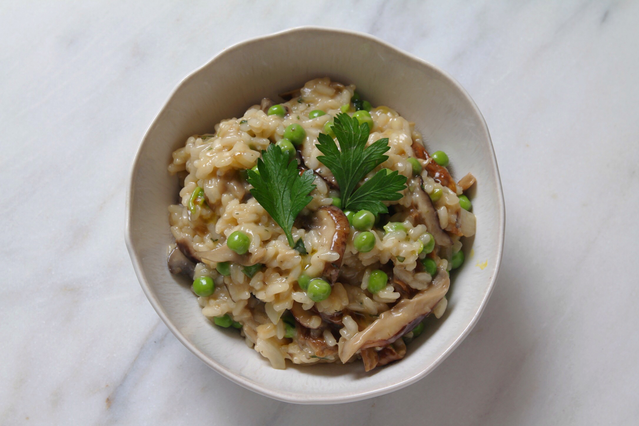 Mushroom and pea risotto, lactose free.&nbsp;