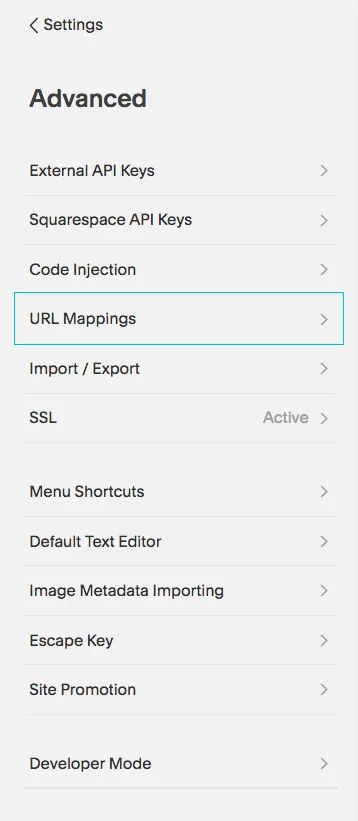 Squarespace URL Mappings menu