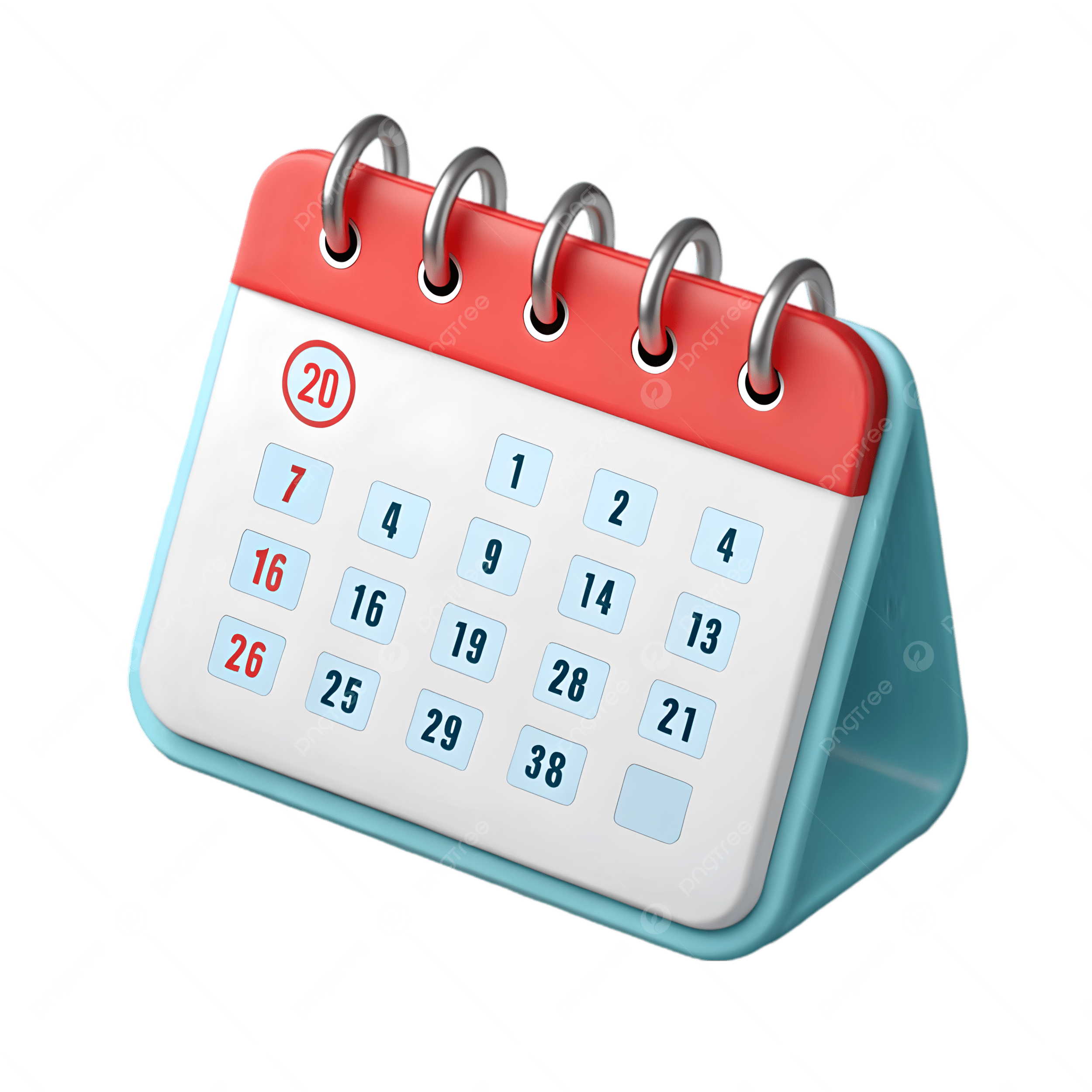 A desk calendar with numbered dates, featuring a red header with the number 20, and dates in blue and red.
