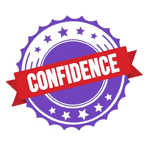 A circular badge with stars and a purple background, featuring a red ribbon across the center with the word "confidence" written on it.