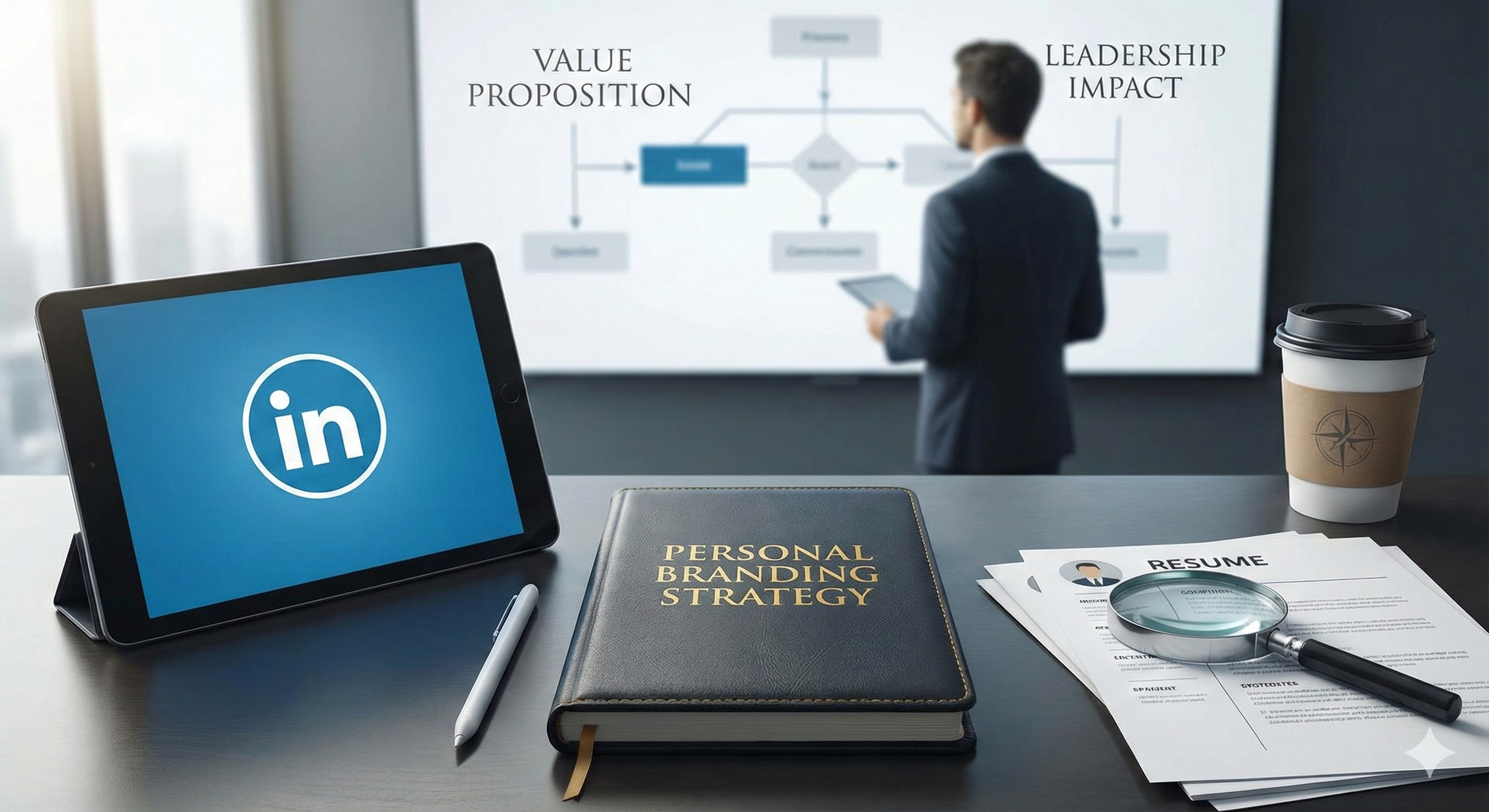 A desk setup with a tablet showing the LinkedIn logo, a personal branding strategy book, a resume with a magnifying glass on top, a disposable coffee cup, and a pen. In the background, a man is giving a presentation in front of a screen with flowcharts labeled 'Value Proposition' and 'Leadership Impact.'