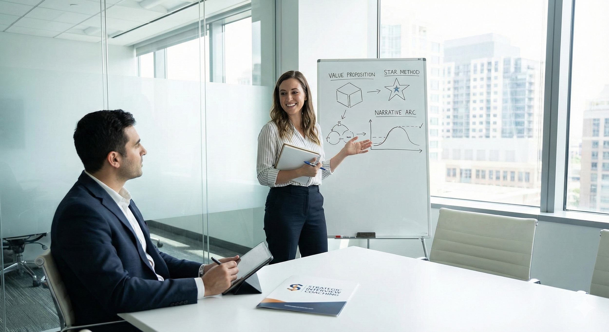 Businesswoman presenting a diagram on a whiteboard to a seated man in a conference room with large windows showing city buildings.