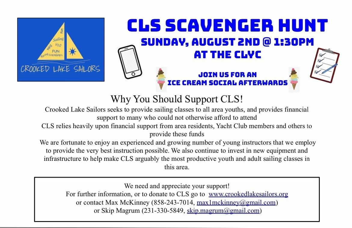 Today is the day! Come join us at the Crooked Lake Yacht Club at 1:30 PM for our scavenger hunt!