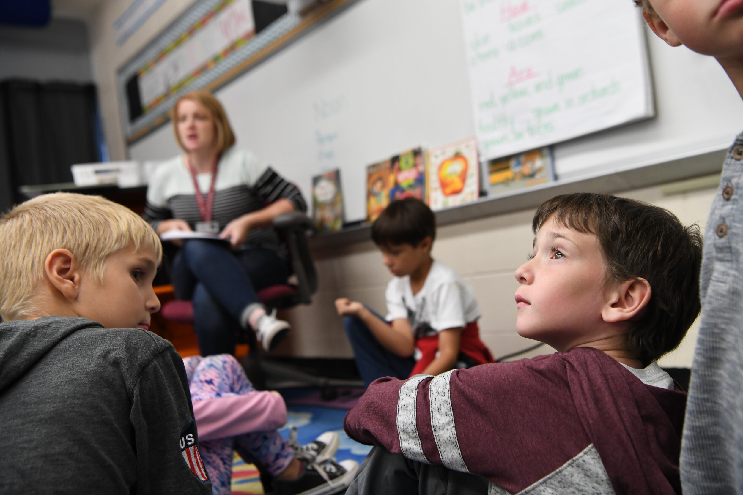  Riley engages with classmates in Lana Driskill’s first-grade class at Mountain Grove Elementary School. 