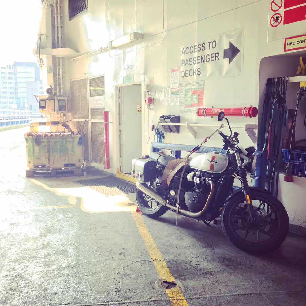 Bike secured on the ferry vehicle deck