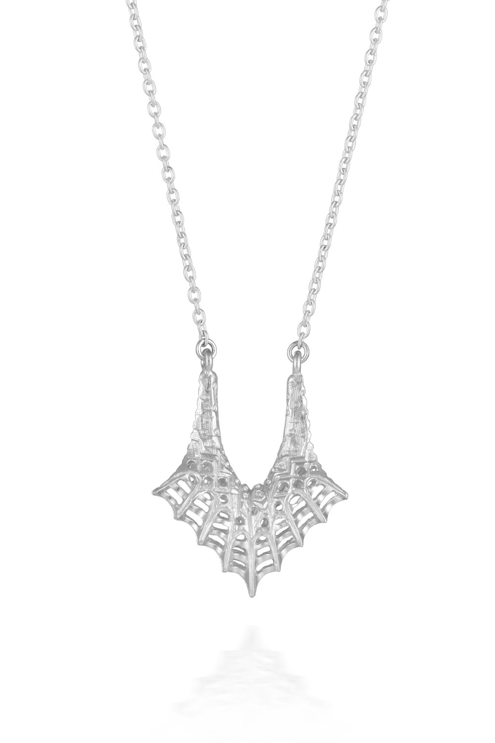 Silver ring holder necklace with lace detail from the Oppenwark Collection handmade in Shetland by Karlin Anderson Jewellery Design
