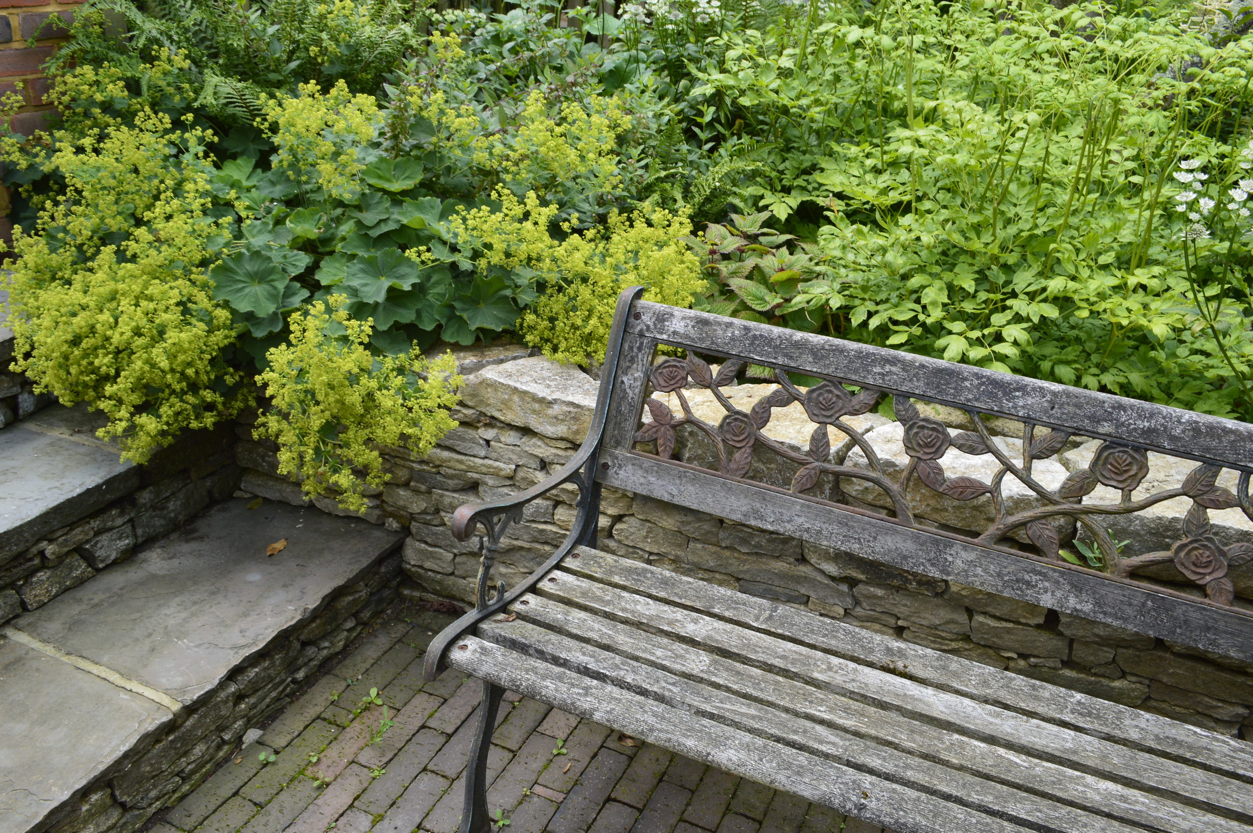 Steps and Walls - using natural materials with a vintage bench is a perfect match
