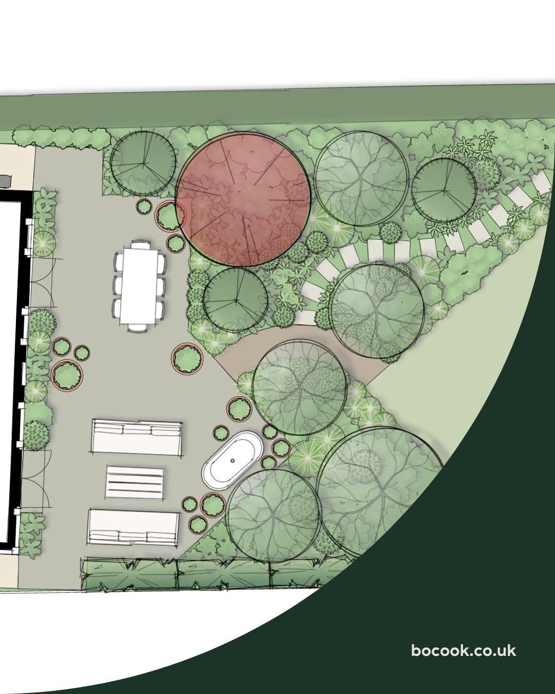 Gardens can be really fun places and designing this for a young family was a joyful experience. Yes, it has a bath on the terrace, two paths that run through the planting, a den, a space for growing, a wildlife pond and a covered area for hammocks an