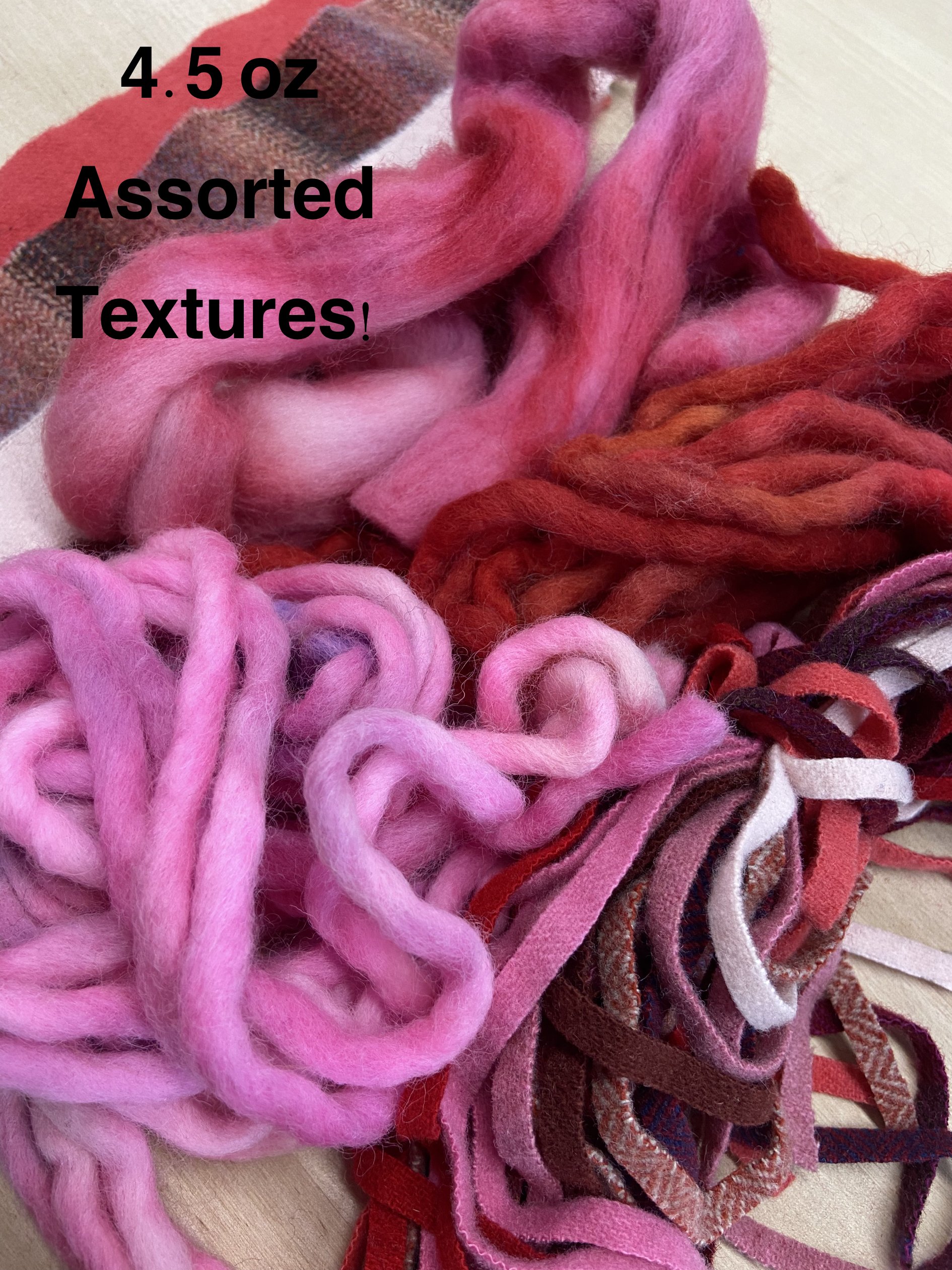 Small Reds and Pinks Stash Builder Texture Pack - 4.5 oz Various Wool Strips, Fabric, Yarn, and More for Rug Hooking