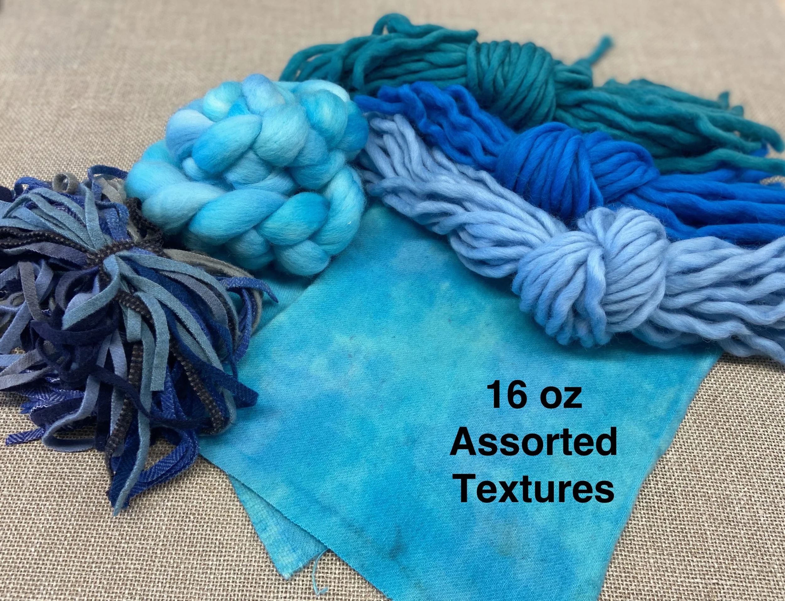 The Blues - Our Largest Sized Texture Bundle: Wool Fabric, Yarn, Roving/Fleece, and Strips - 1 Pound of Wool!