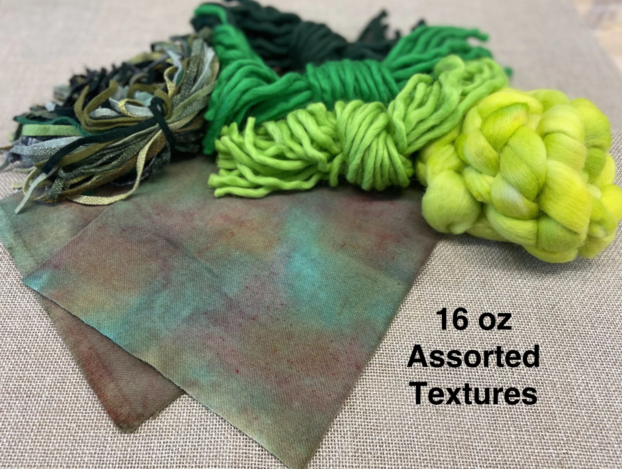 The Greens - Our Largest Sized Texture Bundle: Wool Fabric, Yarn, Roving/Fleece, and Strips - 1 Pound of Wool!