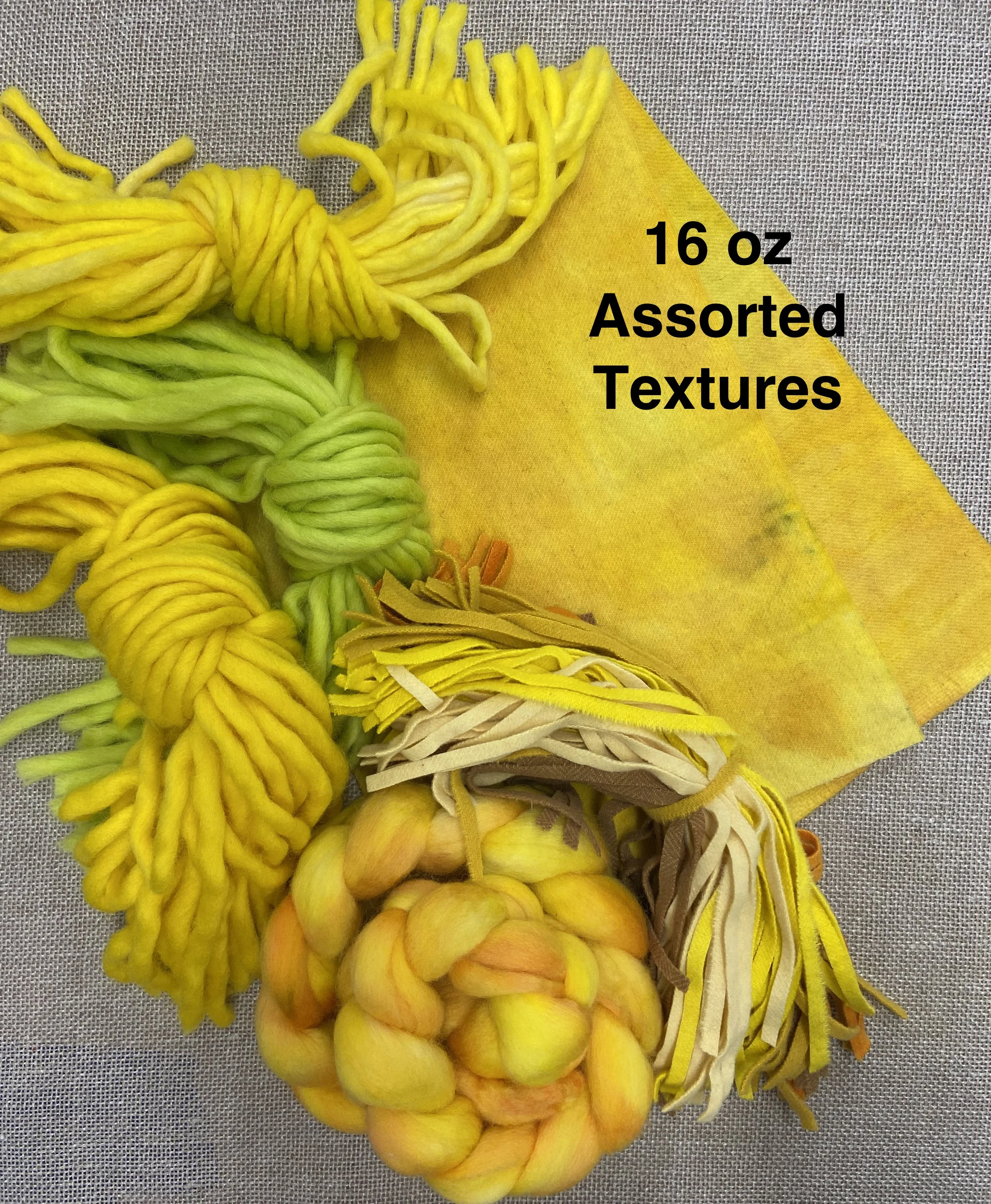 The Yellows - Our Largest Sized Texture Bundle: Wool Fabric, Yarn, Roving/Fleece, and Strips - 1 Pound of Wool!