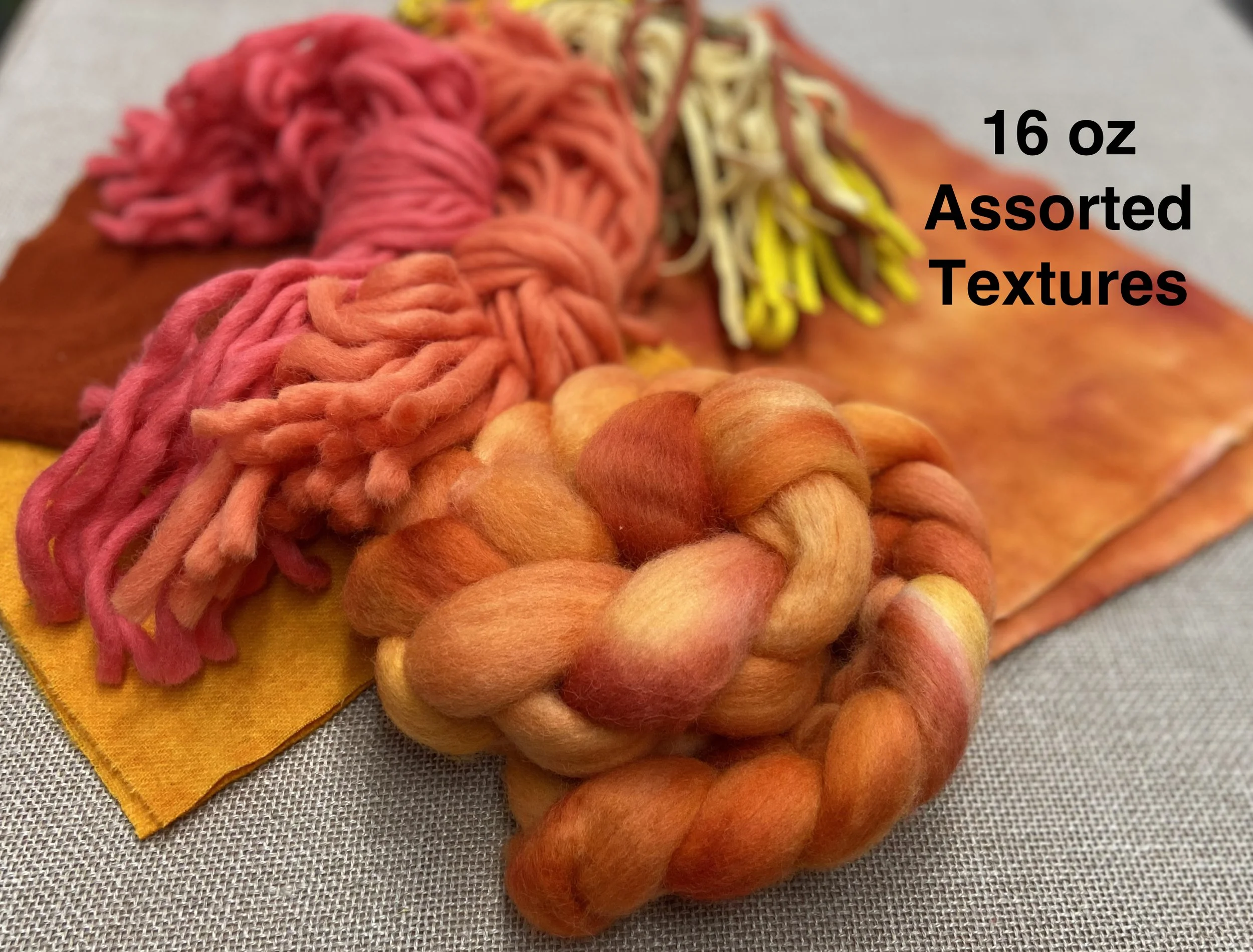 The Oranges - Our Largest Sized Texture Bundle: Wool Fabric, Yarn, Roving/Fleece, and Strips - 1 Pound of Wool!