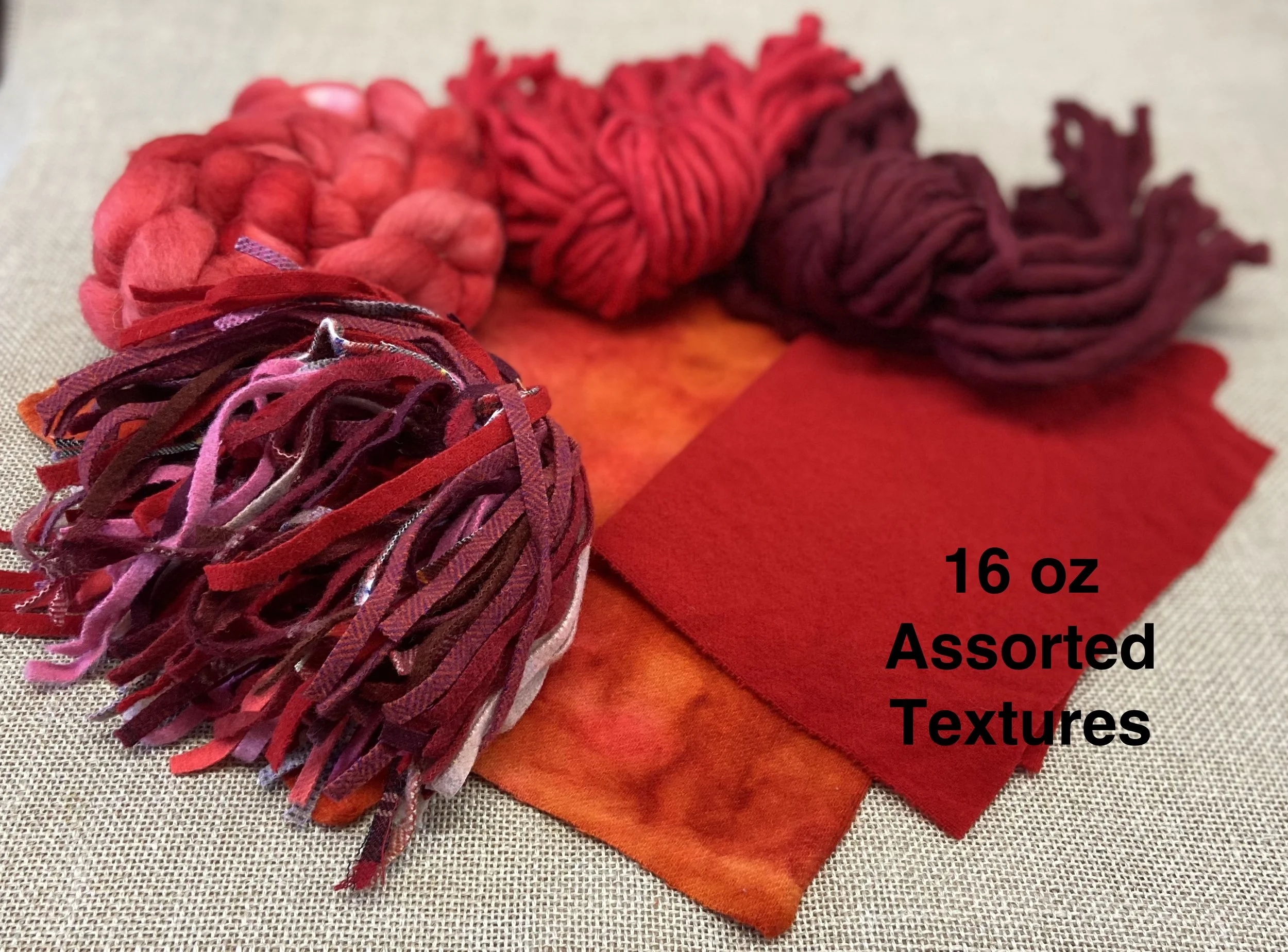 The Reds - Our Largest Sized Texture Bundle: Wool Fabric, Yarn, Roving/Fleece, and Strips - 1 Pound of Wool!