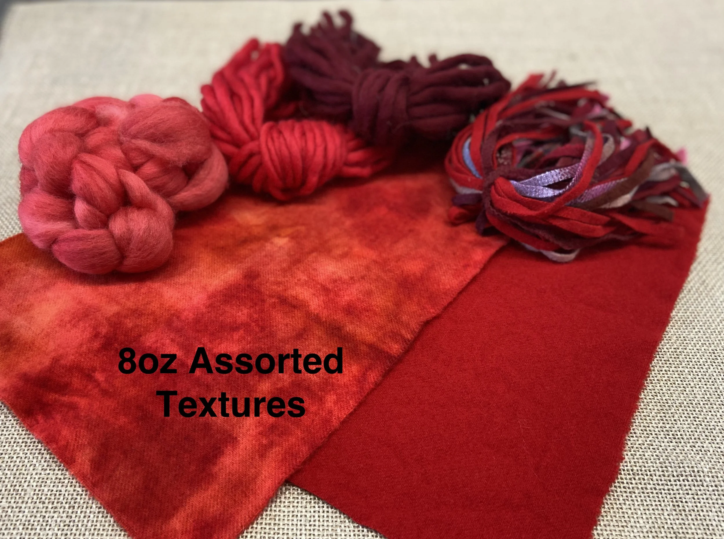 Medium The Reds Sized Texture Bundle: Wool Fabric, Yarn, Roving/Fleece, and Strips