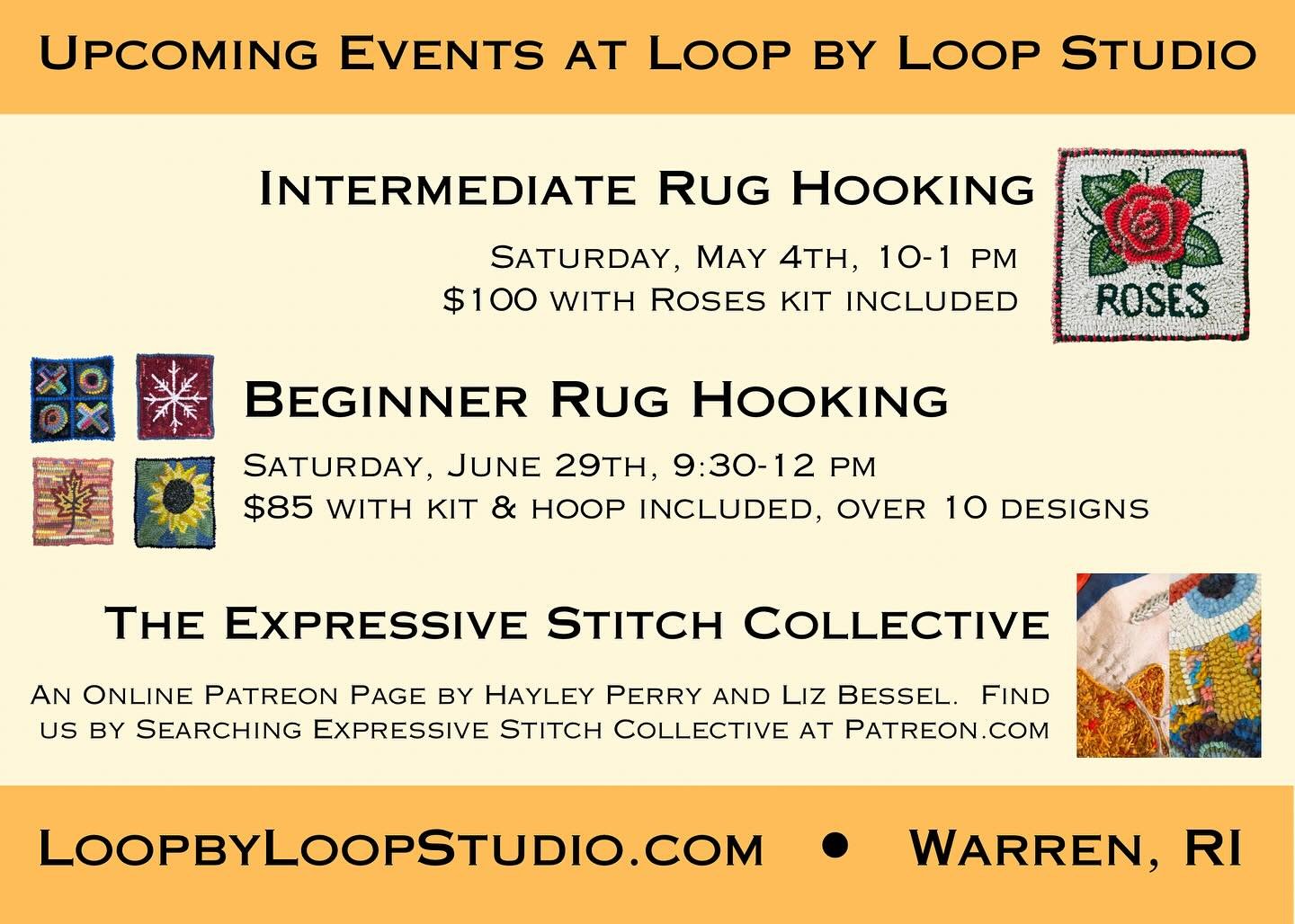 Now time to sign up for these classes! Next up is our Intermediate Traditional Rug Hooking class on May 4th from 10-1pm. $100 with the kit included - an incredible deal, really! Head to LoopbyLoopStudio.com/upcomingclasses. #rughooking #hookedrug #tr