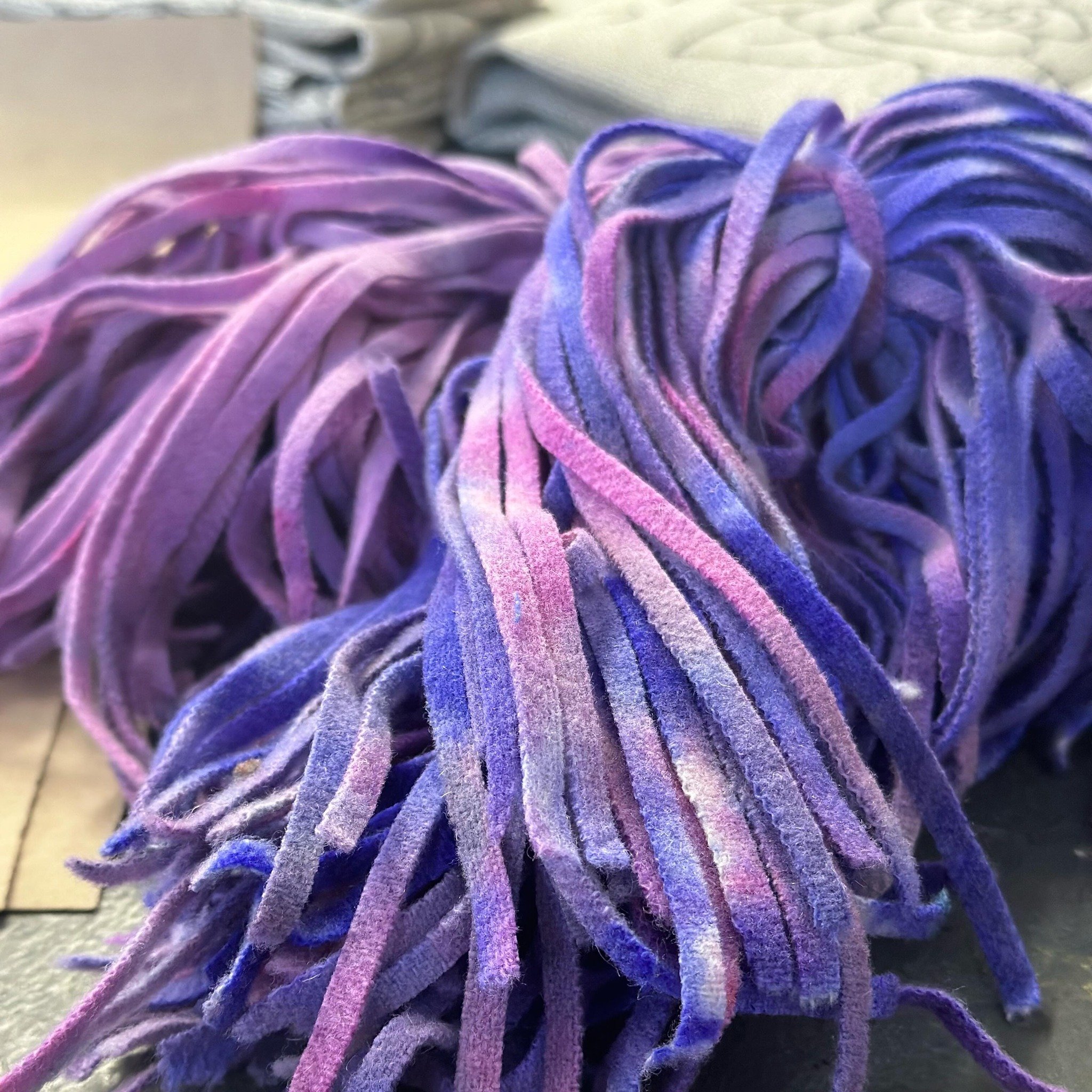 Two beautiful purples going out to our monthly wool club members for May! Comes to you as pieces or cut into strips! #rughooking #wool #rugmaking #woolofthemonth #rughookersofinstagram #craftsupplies #handyed #handdyedwool #aciddyes