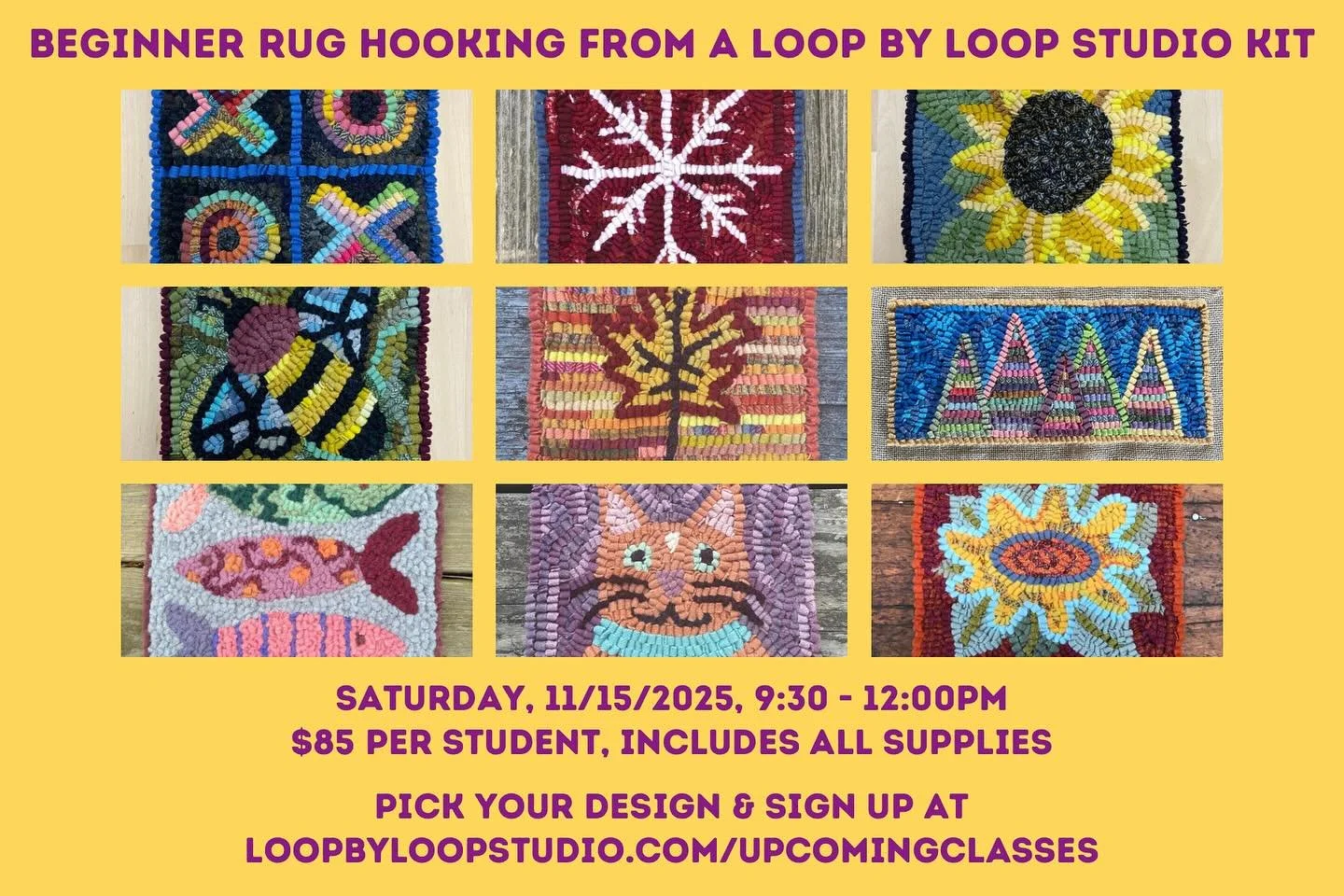 Learn rug hooking before the long New England winter sets in!! Pick your own design. $85 for all your supplies and hook and hoop to keep! #rughooking #rugmaking #fiberart #artclasses #artstudio #textileart #fiberartost #warrenri #barringtonri #bristo
