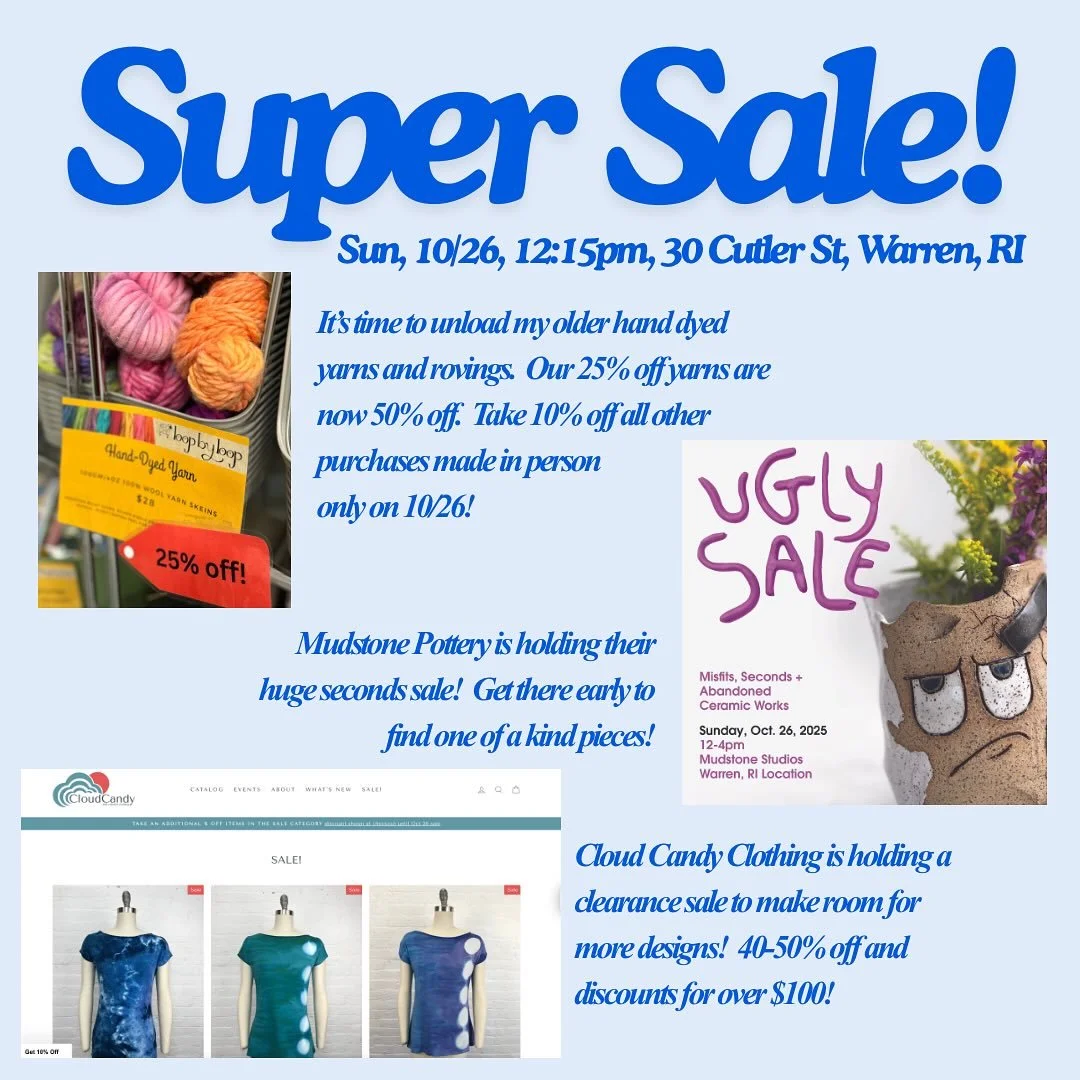 Come to @30cutlerstreet on Sunday, 10/26/25 for three open studio sales! Mudstone is having their annual Ugly Sale where they sell off pottery seconds, demos, etc! Upstairs Abbie of @cloudcandyclothing and I will be selling off our sale racks with de