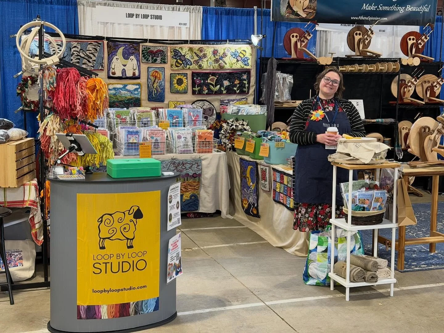 We are open at the @nefiberfestival! Here until 5pm today in West Springfield, MA! #fiberfestival #newengland #yarn #rughooking #hookedrug #rughookersofinstagram #wool #rugmaking #spinning