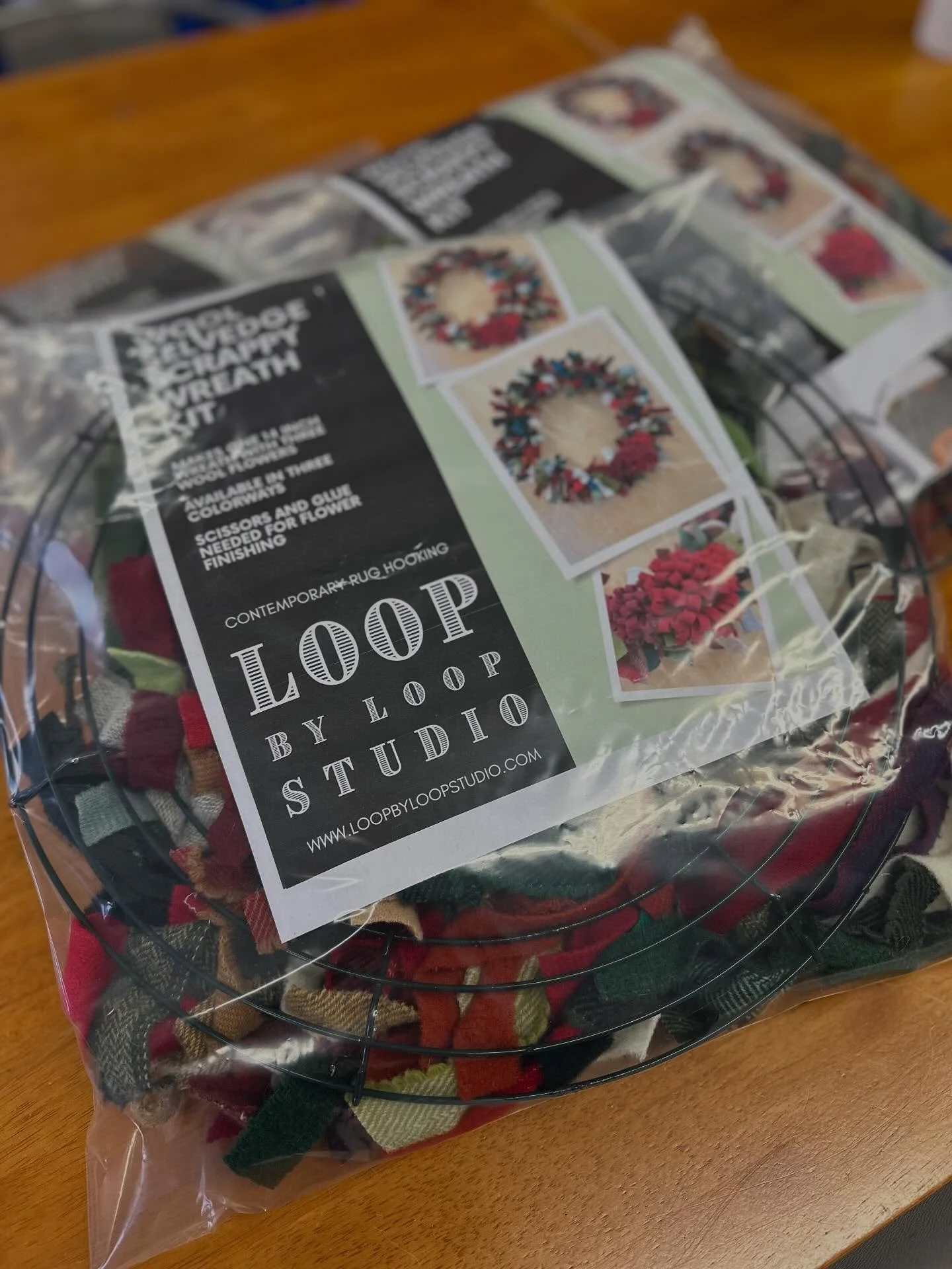I have three Holiday themed Selvedge Wreath Kits available now for $59 each. Get one now to have ready for decorating! #craftkit #handmadehomedecor #diyholidaydecor #diychristmasdecor #fiberart #textileart