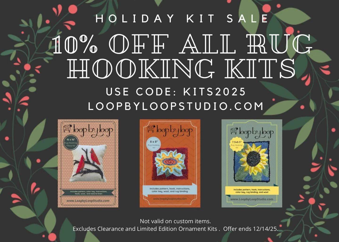 Get your last minute rug hooking kits gifts done and shipped by 12/15/25- in time for Christmas! Use code: KITS2025 at loopbyloopstudio.com to save on kits and hoops now. #craftkits #rughooking #rughookingkits #fiberart #textileart #rugmaking #unique