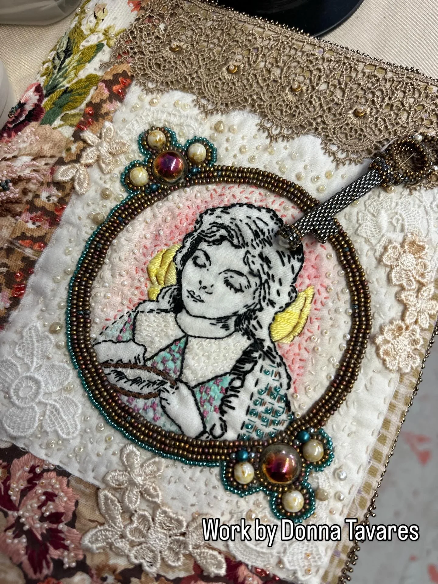 Friend and teacher, Donna Tavares stopped by last week to teach me a thing or two about beading and embellishing! We are discussing a potential Beginner Beading class at Loop by Loop Studio this year. Would you come? She&rsquo;s adding beading to her