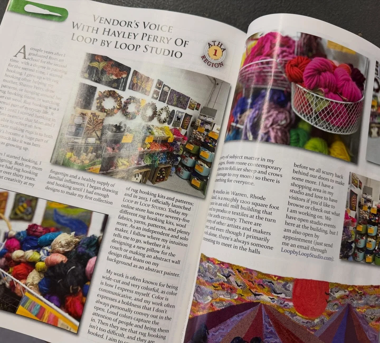 The Vendor&rsquo;s Voice from the newest ATHA magazine might look a little familiar. How kind of them to give me such a nice spread! Thanks, ATHA! You can become a member of ATHA by heading to ATHARUGS.com. #rughooking #hookedrug #rugmaking #fiberart