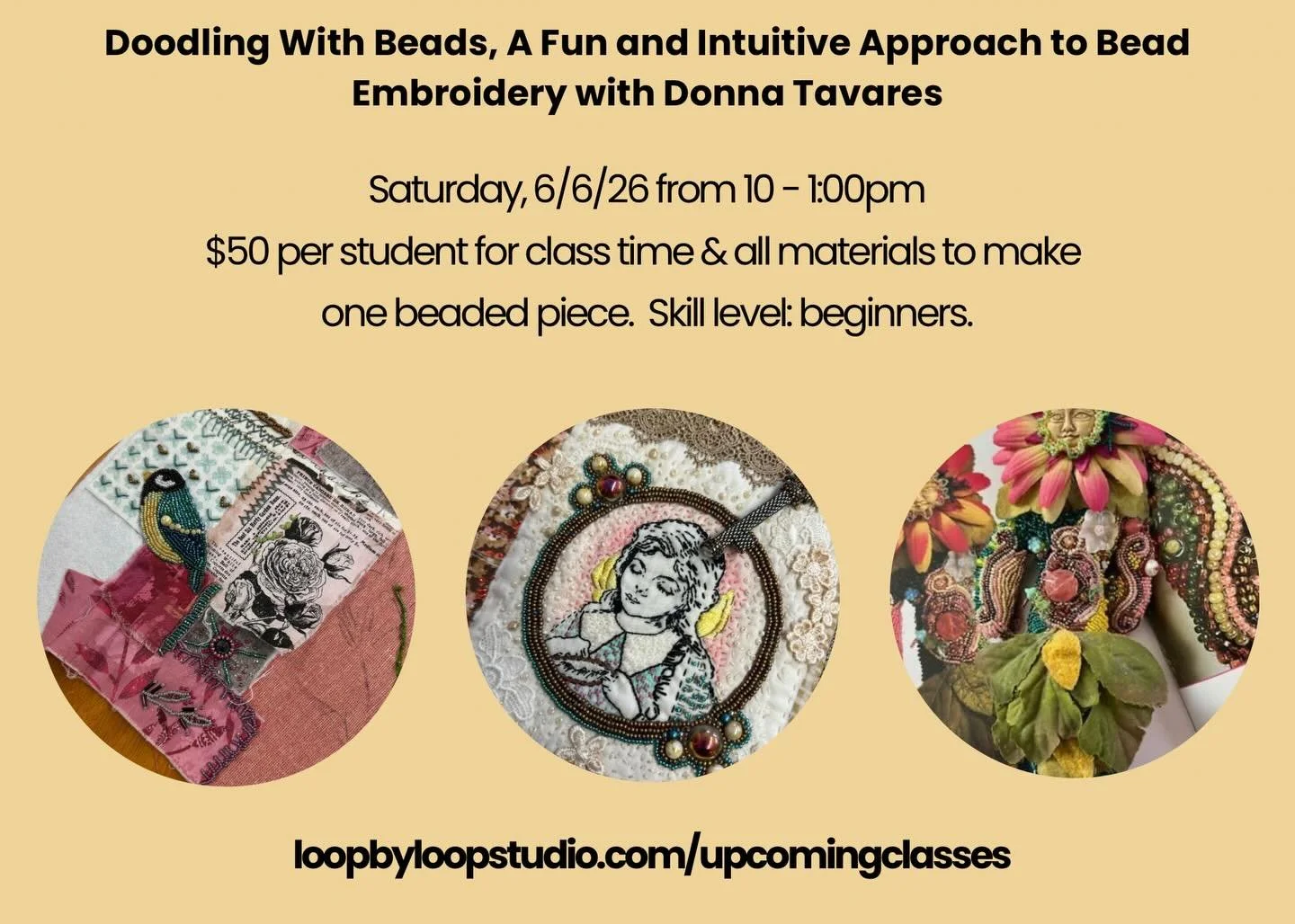 The talented Donna Tavares has offered to teach a beading workshop here at Loop by Loop Studio! Her class, Doodling with Beads, is great for beginners who want to play with this technique or learn how to mix beading with their other processes! #beadi