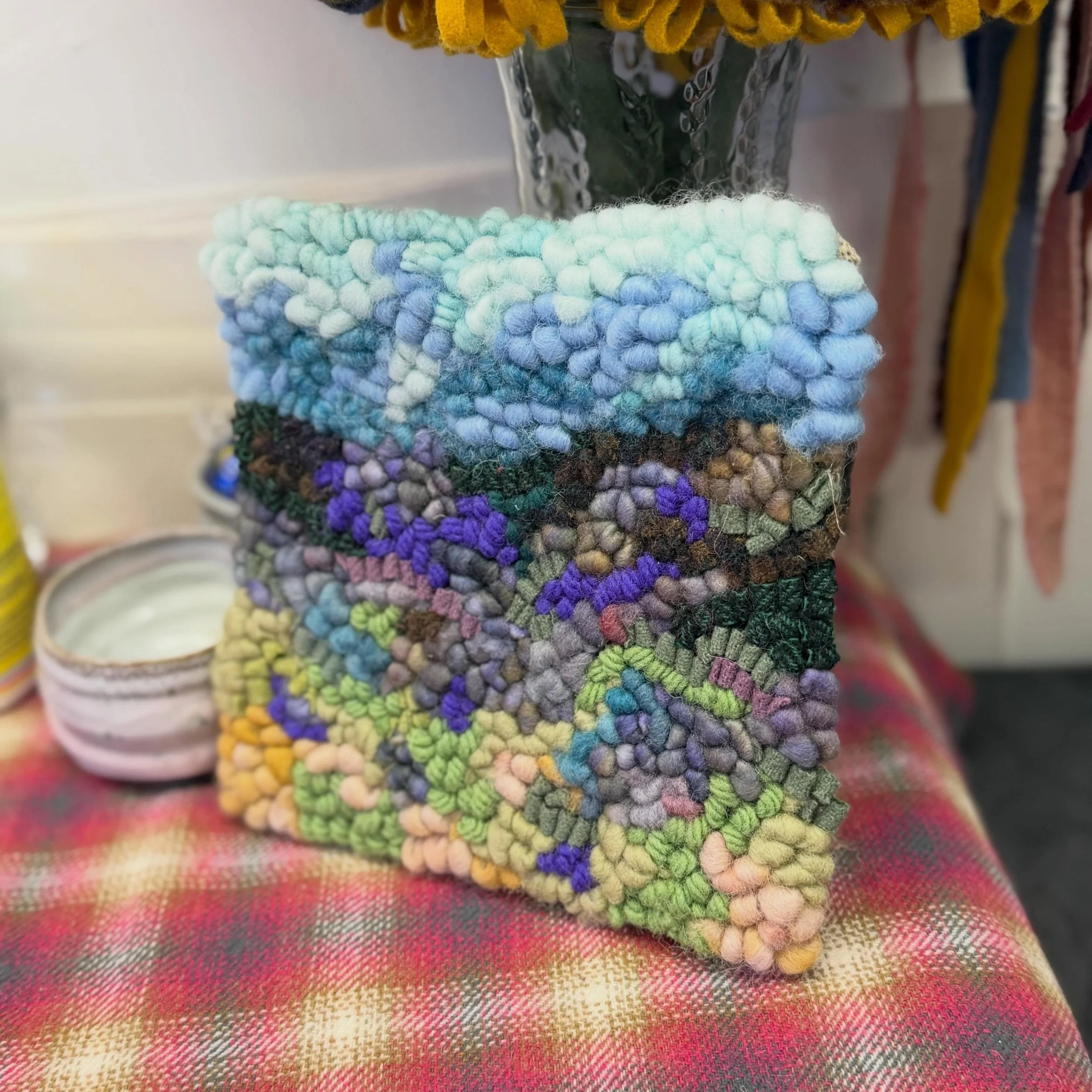 I&rsquo;m have a few landscape specific classes coming up so I&rsquo;m thinking small/abstract/textural again. #rughooking #hookedrug #fiberart #textileart #rughookingartist