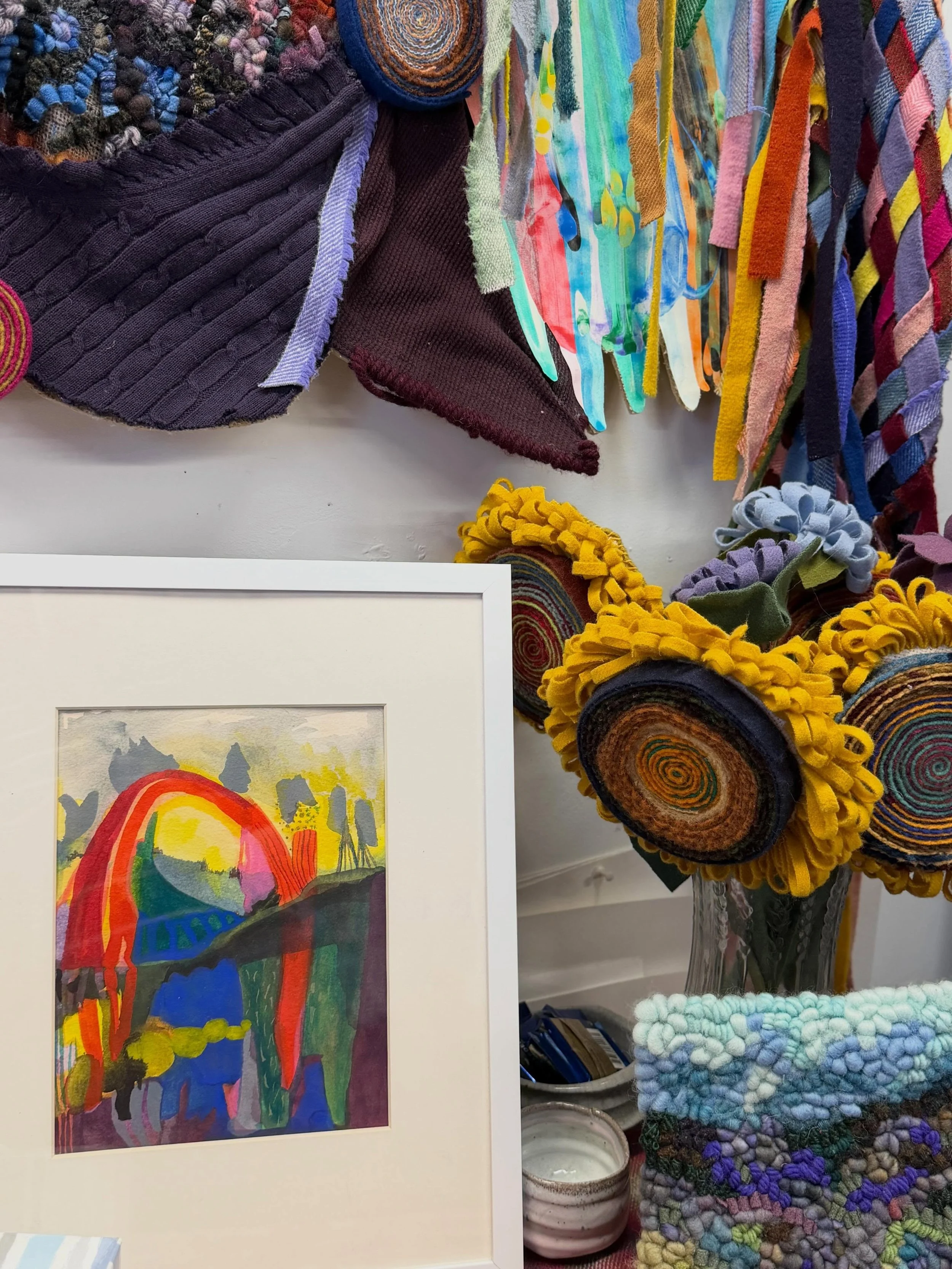A colorful studio corner for you this morning. Just found this painting in a box. #fiberart #contemporarypainting #contemporarycollage #contemporaryrughooking #textileart