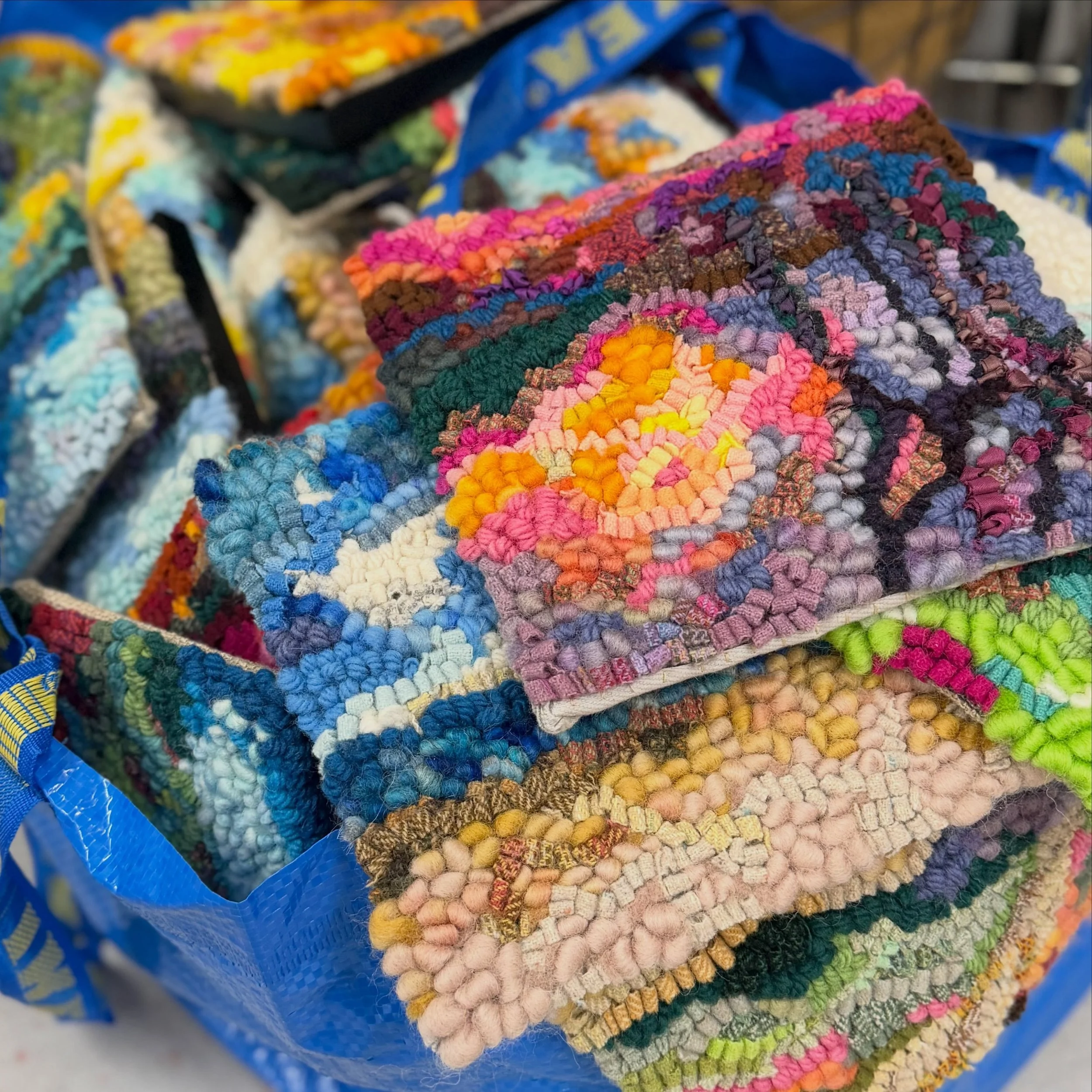 I&rsquo;m getting my act together for some classes I am teaching this summer and I did NOT know I have so many landscape hooked rugs. I counted 25 in this bag but I definitely have more! #rughooking #rugmaking #textileart #fiberart #fiberartist